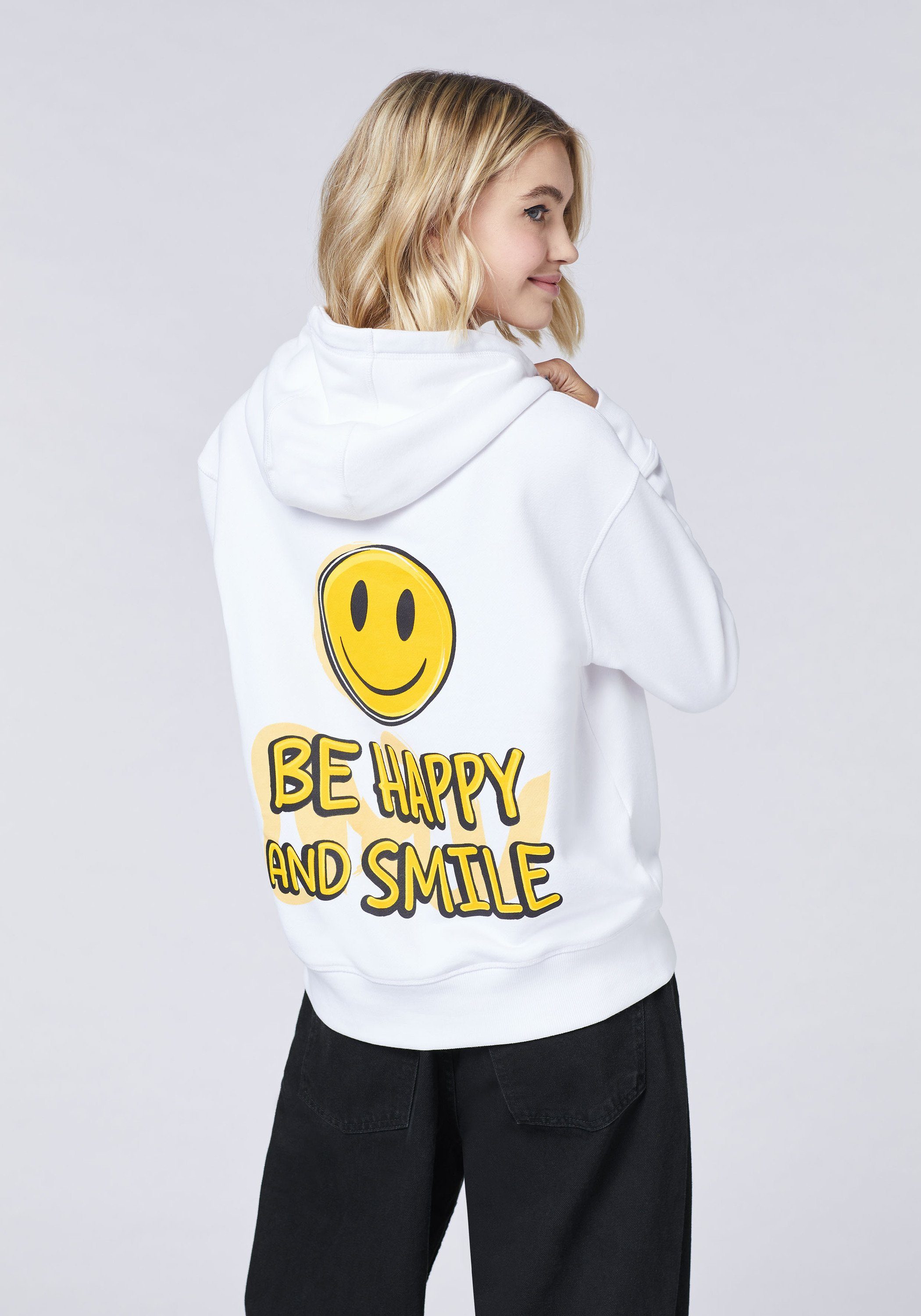 Schriftzug Kapuzensweatshirt Emoji mit Grinsegesicht-Motiv und
