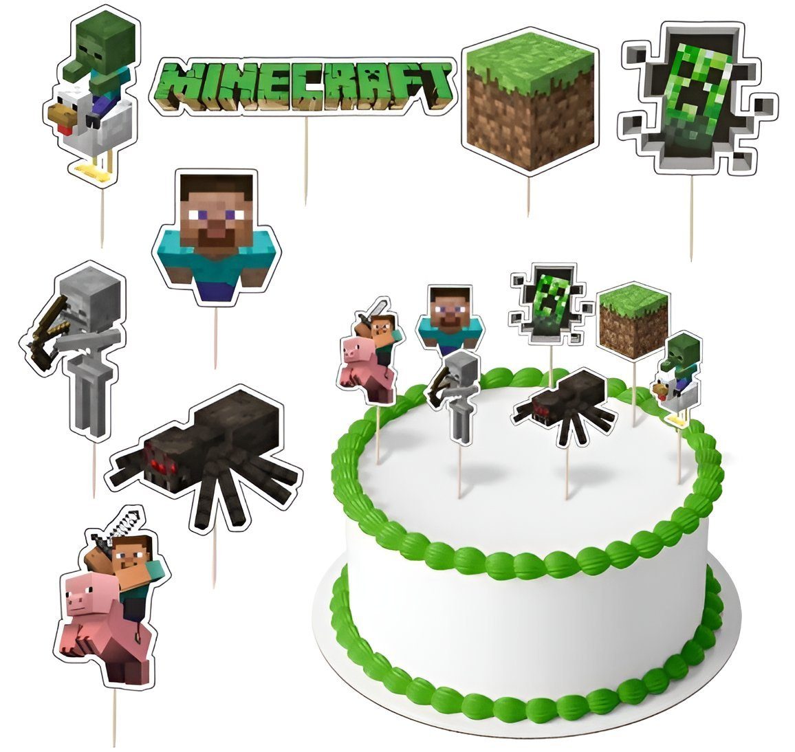 Festivalartikel Tortenstecker Minecraft Set Topper Torten Grün Diamant Steve Pixel TNT Topper