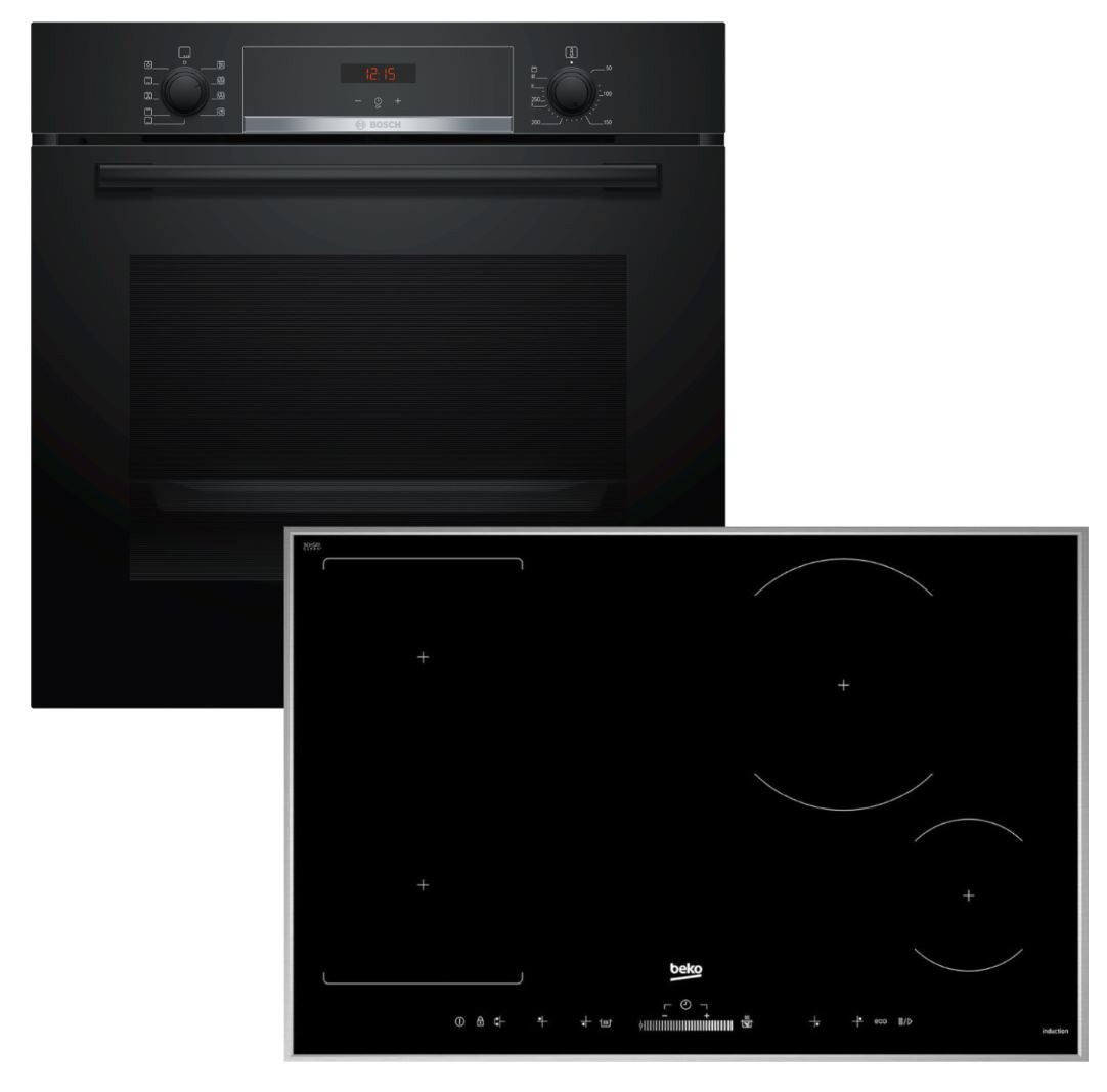 BOSCH Backofen-Set EcoClean + Beko Induktionskochfeld PowerBooster CombiZone autark 80 cm