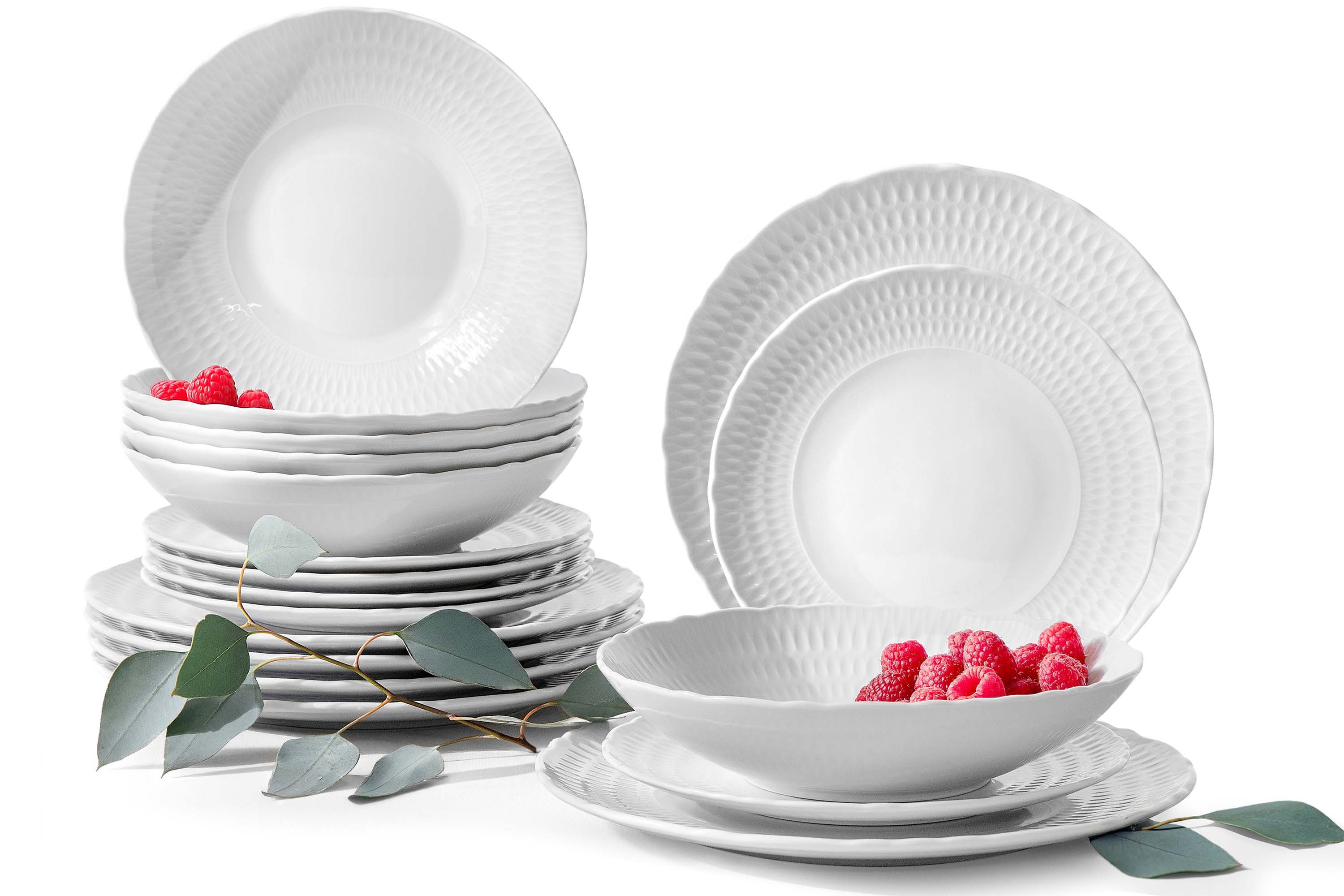 KONSIMO® Tafelservice CMIELOW SOFIA Geschirrset, Hochwertiges Premium-Porzellan (18-tlg), 6 Personen, Porzellan, spülmaschinengeeignet, mikrowellengeeignet, elegante Verzierung