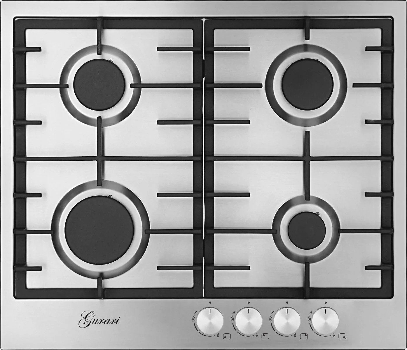 GURARI Gas-Kochfeld 60 cm, Edelstahl 4,0 KW WOK, 4 Gasbrenner,Autark, Einbaukochfeld aus Edelstahl GCH FB 604+WOK Adaper+Kaffeadapter