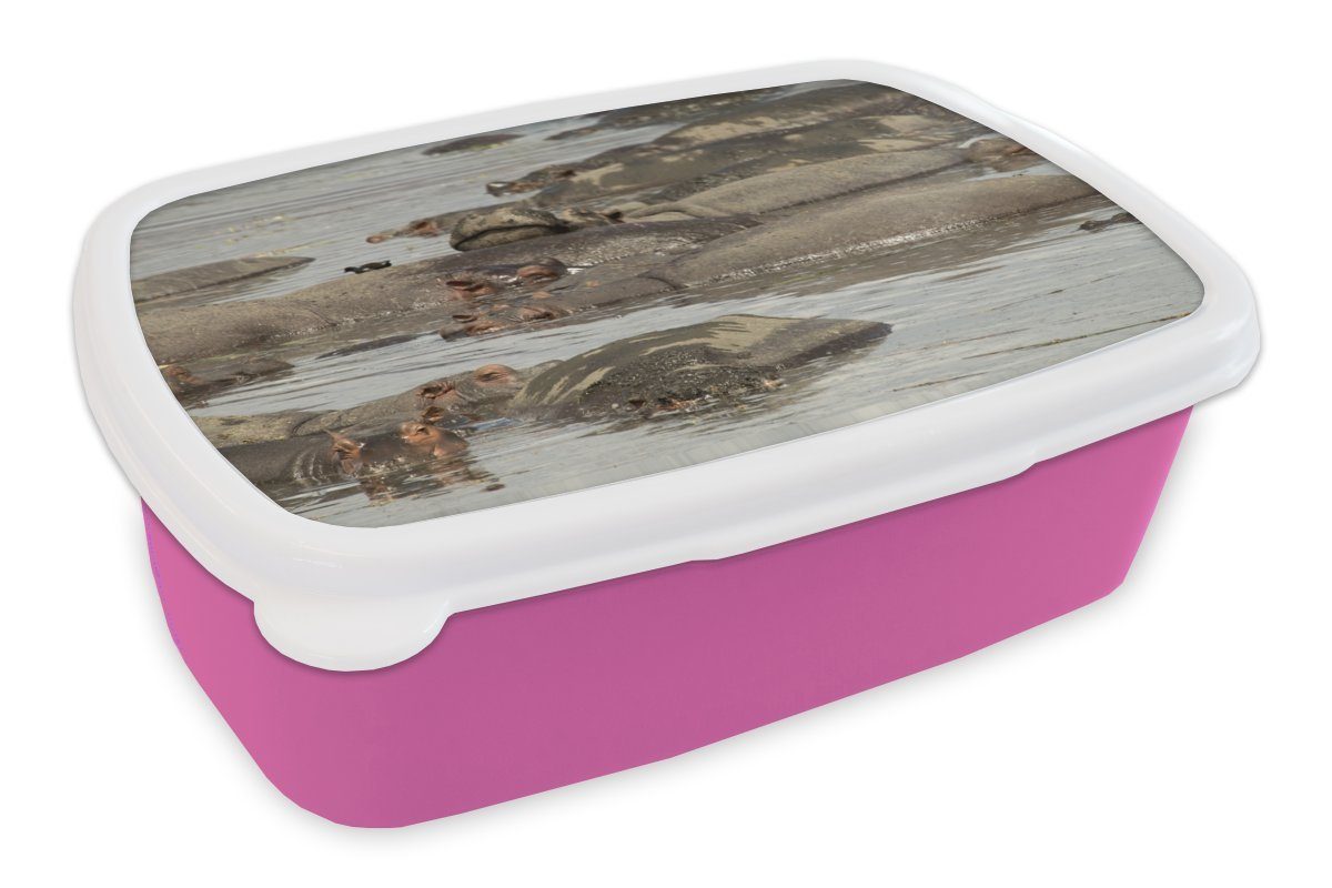 Brotdose Kunststoff, Kinder, - (2-tlg), Brotbox Erwachsene, Lunchbox Snackbox, für Mädchen, MuchoWow Nilpferd Kunststoff rosa Teich,