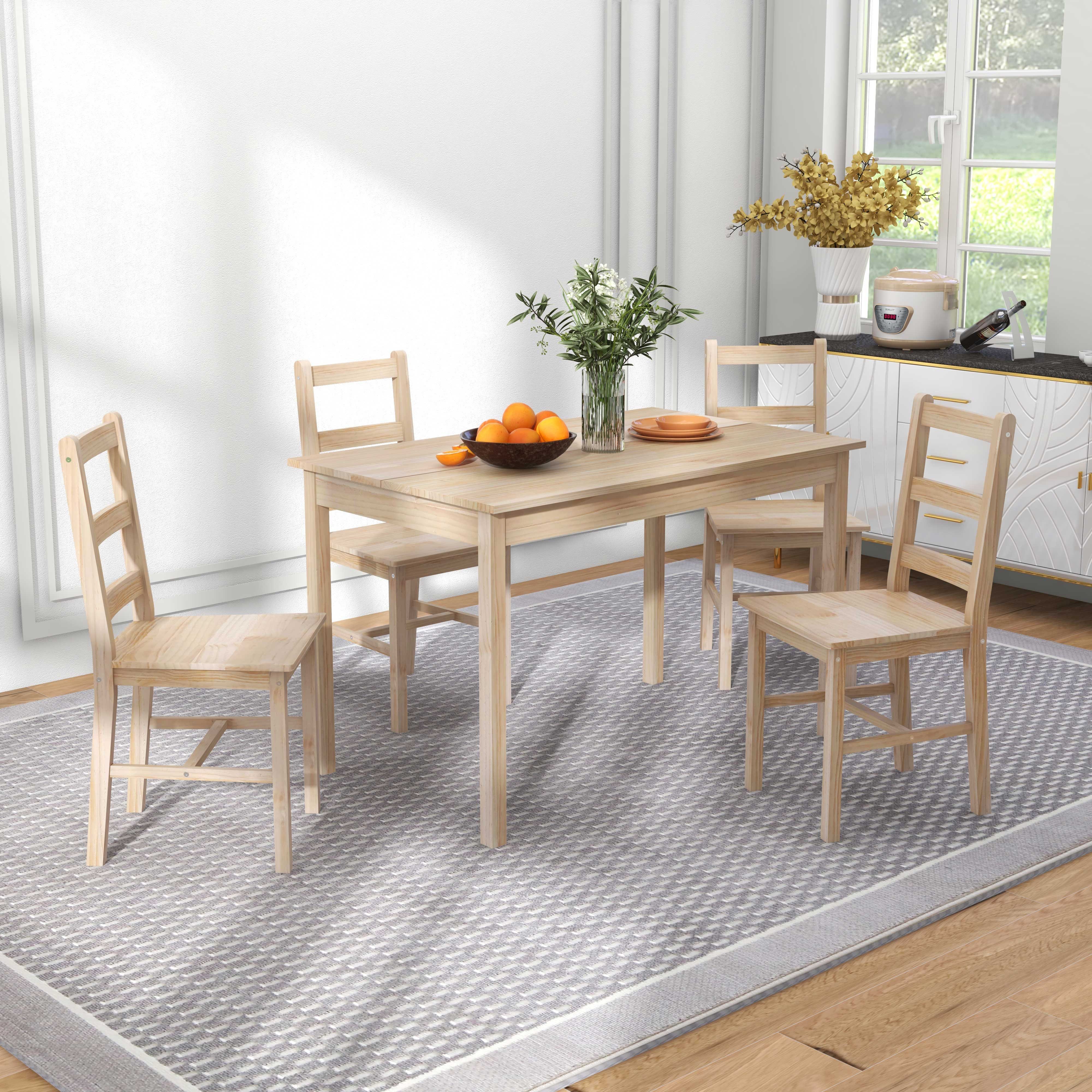 HOMCOM Essgruppe 5-teilige Esszimmergruppe aus Massivholz, (Sitzgruppe, 1-tlg., Esstisch mit 4 Stühlen), für Esszimmer, Küche, Natur