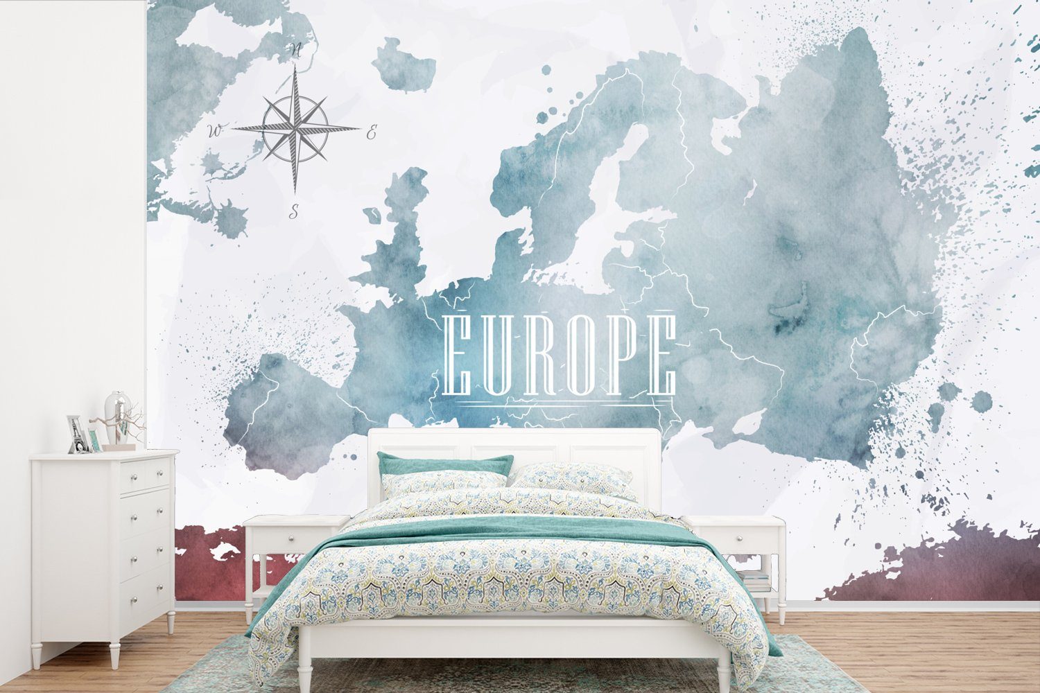 MuchoWow Fototapete Karte - Europa - Ölfarbe, Matt, bedruckt, (6 St), Wallpaper für Wohnzimmer, Schlafzimmer, Kinderzimmer, Vinyl Tapete