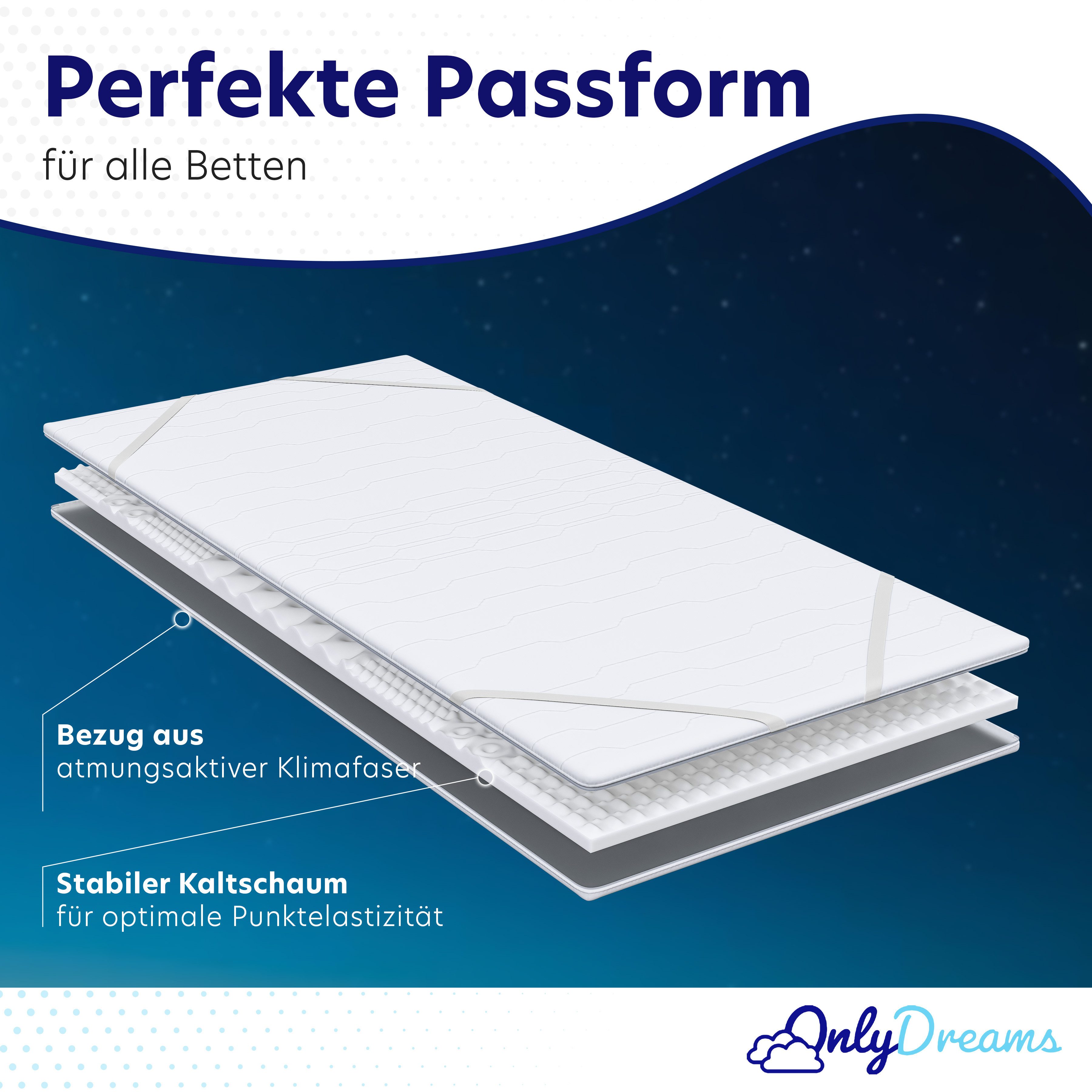 Träumegut24, Topper OnlyDreams - 5cm hoher 7-Zonen Kaltschaum Topper mit zwei Liegeseiten, 5 cm hoch, Kaltschaum, verschiedene Größen und Härtegrade