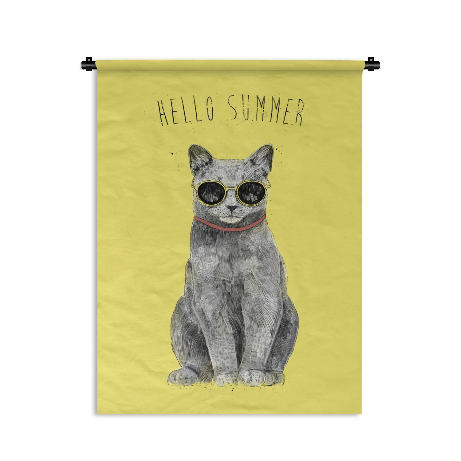 MuchoWow Wanddekoobjekt Hallo Sommer - Katze - Brille - Gelb, Deko für an der Wand, Wohnzimmer, Tapisserie, Schlafzimmer