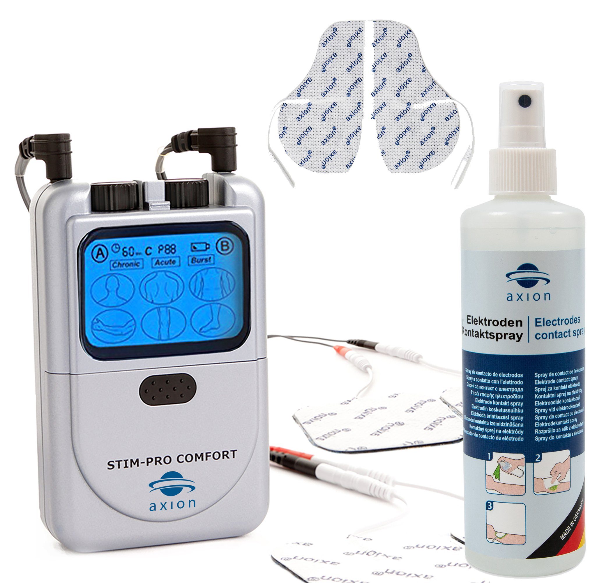 Axion Tens Gerät Stim Pro Comfort Mit 4 Elektroden Zur Schmerztherapie Mit Reinigungsspray Und