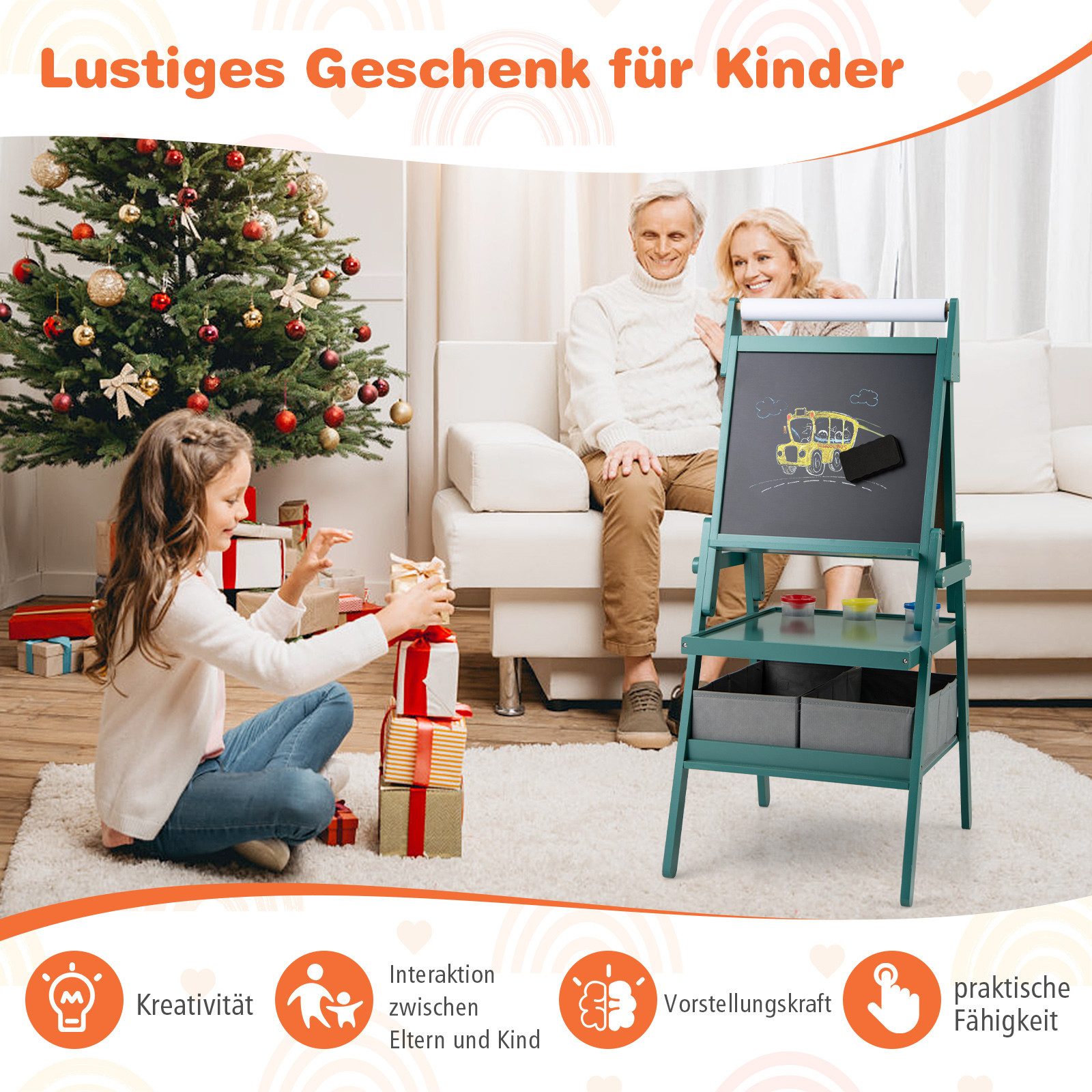 COSTWAY Standtafel, 3 in 1 Kinder magnetisch Kreidetafel doppelseitig