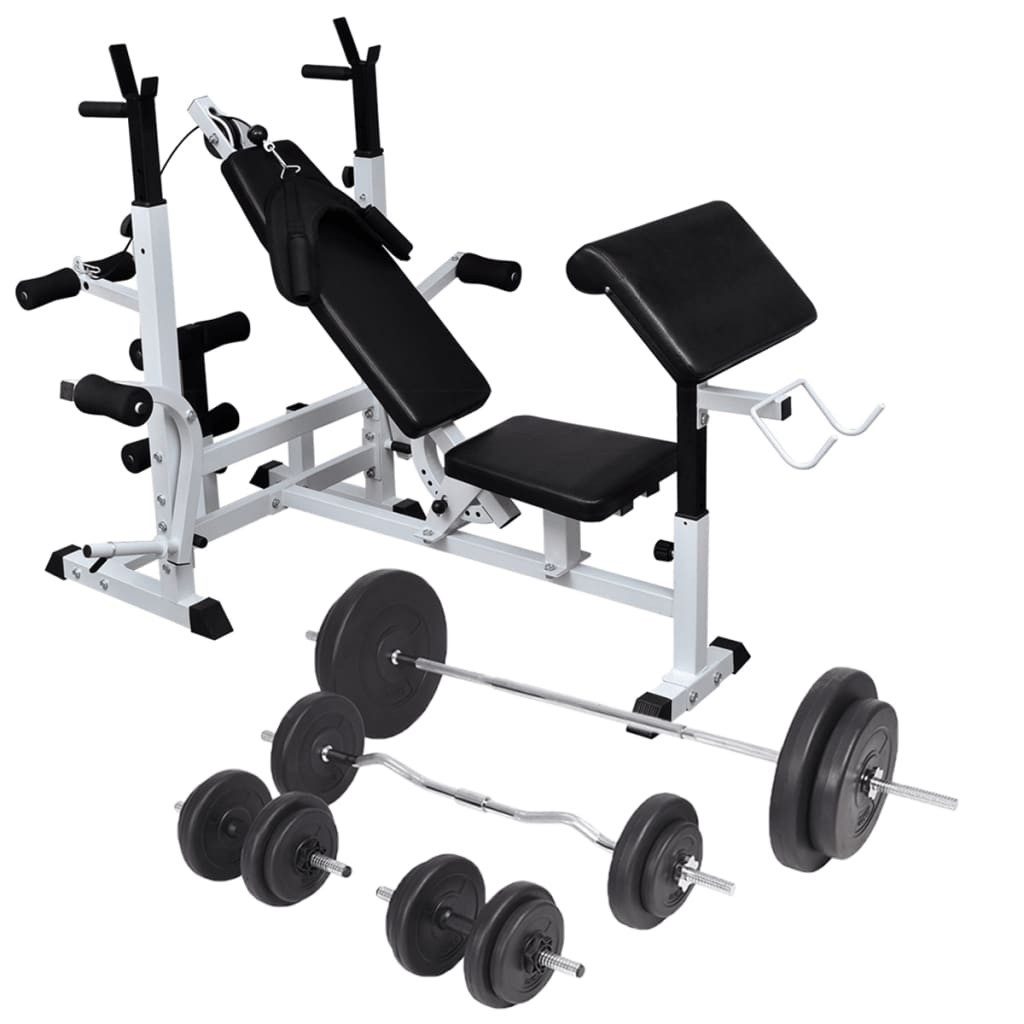 vidaXL Trainingsstation Hantelbank mit Ablage, Langhantel und Kurzhantel-Set 90 kg