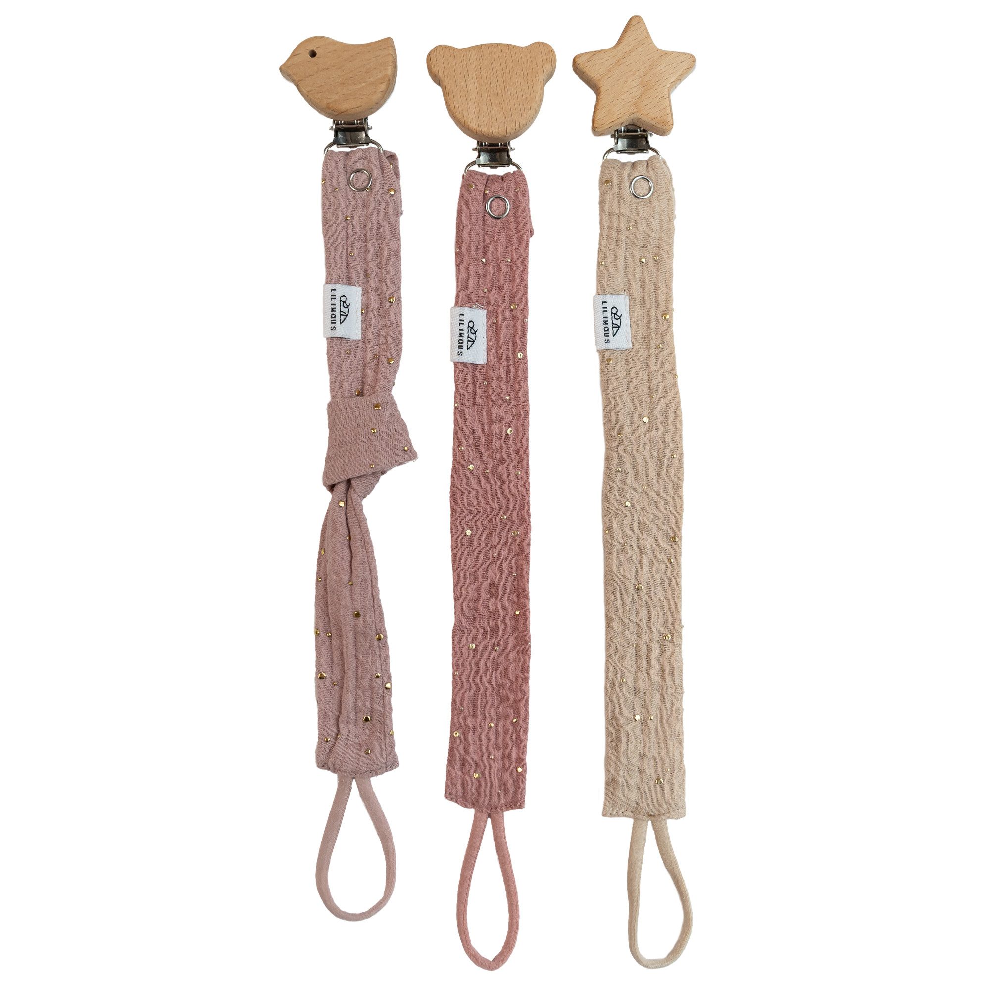 lilimaus Schnullerbefestigung Schnullerkette aus Musselin & Holz - handgemacht, (3-tlg), mit Holzclip & sicherer Länge - schadstoffgeprüfte Musselin-Baumwolle