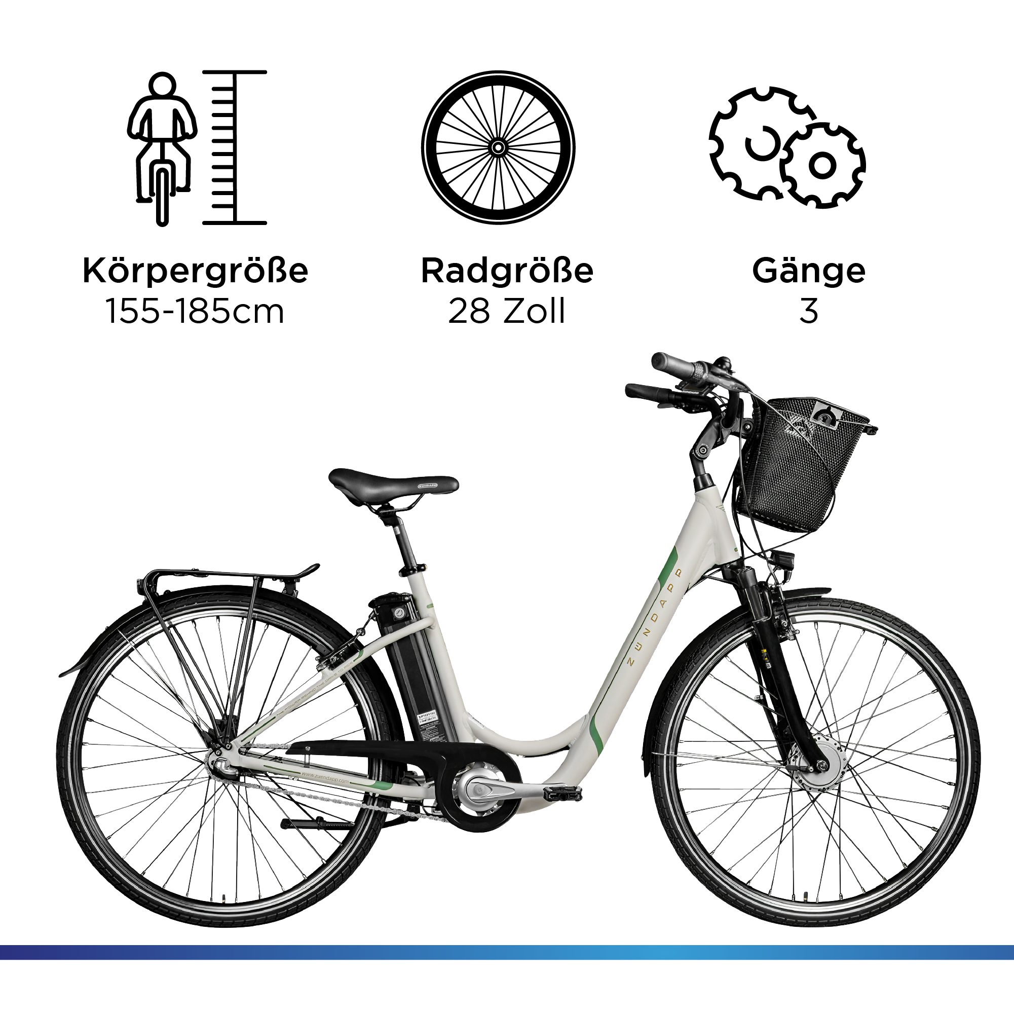 Zündapp E-Bike Cityrad Z510, 3 Gang, Nabenschaltung, Frontmotor, 531 Wh, E Bike 28 Zoll Damenfahrrad ab 155 cm mit 3 Gang Nabenschaltung