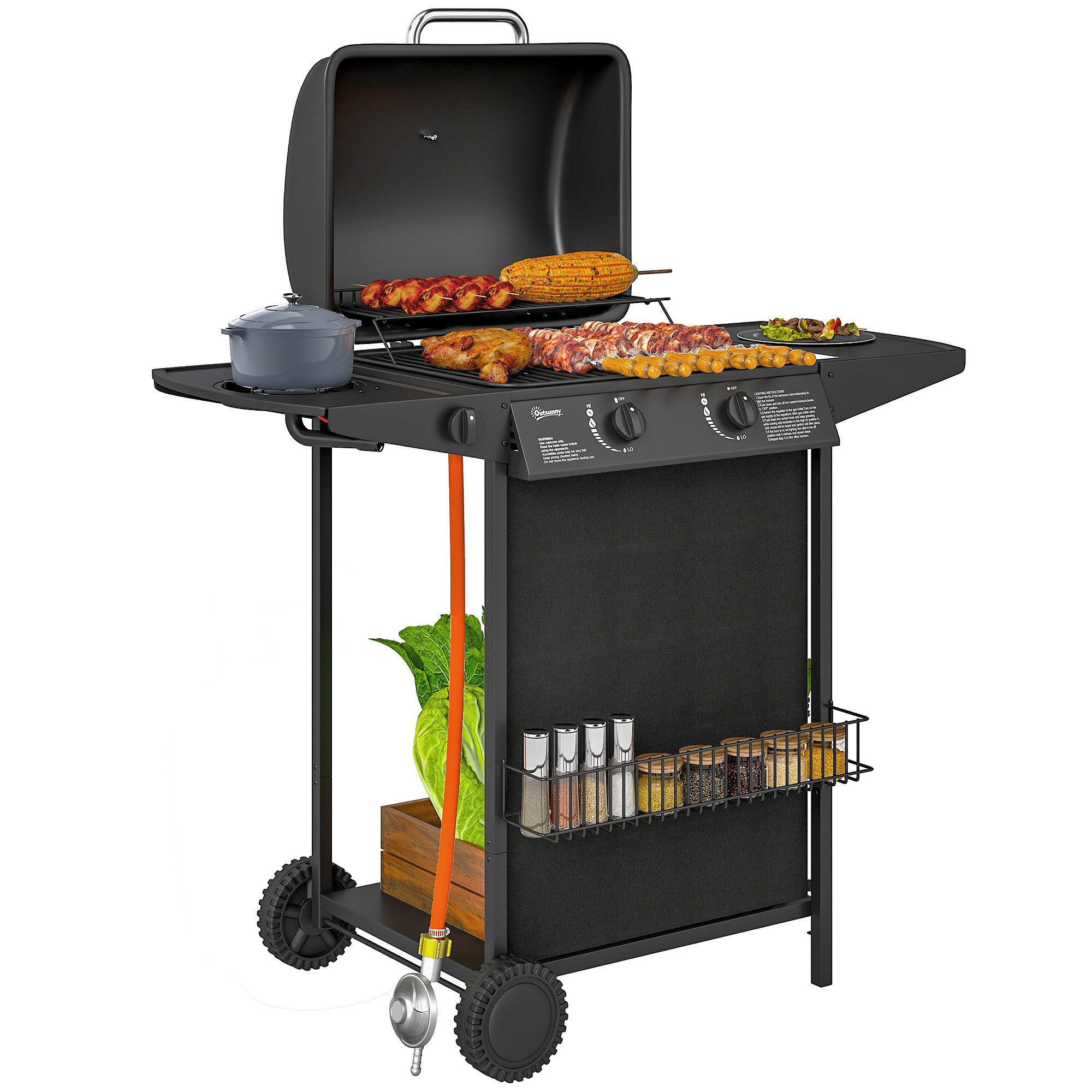 Outsunny Gasgrill inkl 3 Brenner, Seitenkocher, Rolle, BBQ Gartengrill, 7 KW Grillwagen, mit Thermometer Seitenablagen, für Balkon, Grill 107 x 54 x 96 cm
