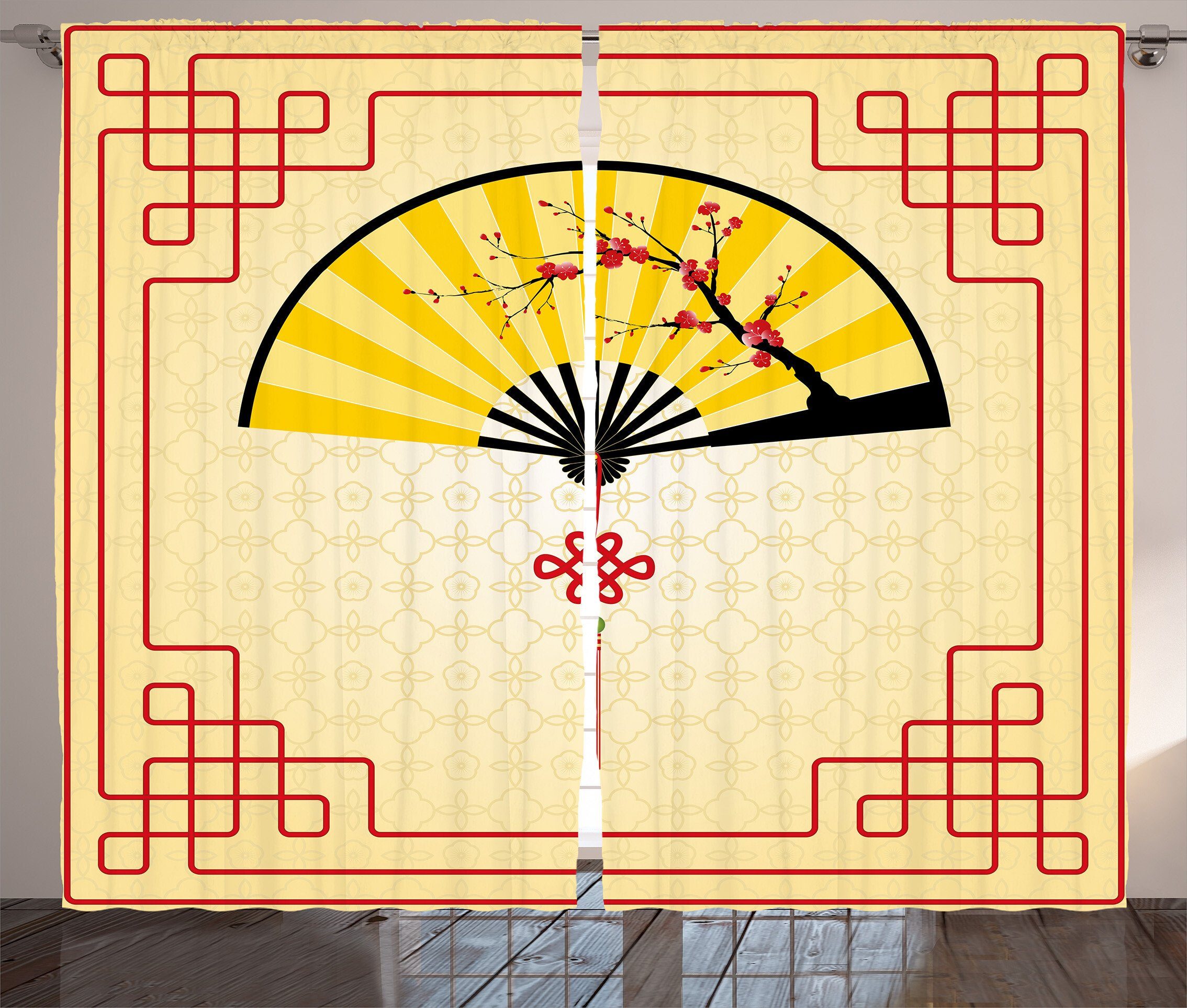 Asiatisch und Kräuselband Vorhang Cherry Blossom mit Schlafzimmer Orient Gardine Haken, Schlaufen Abakuhaus,