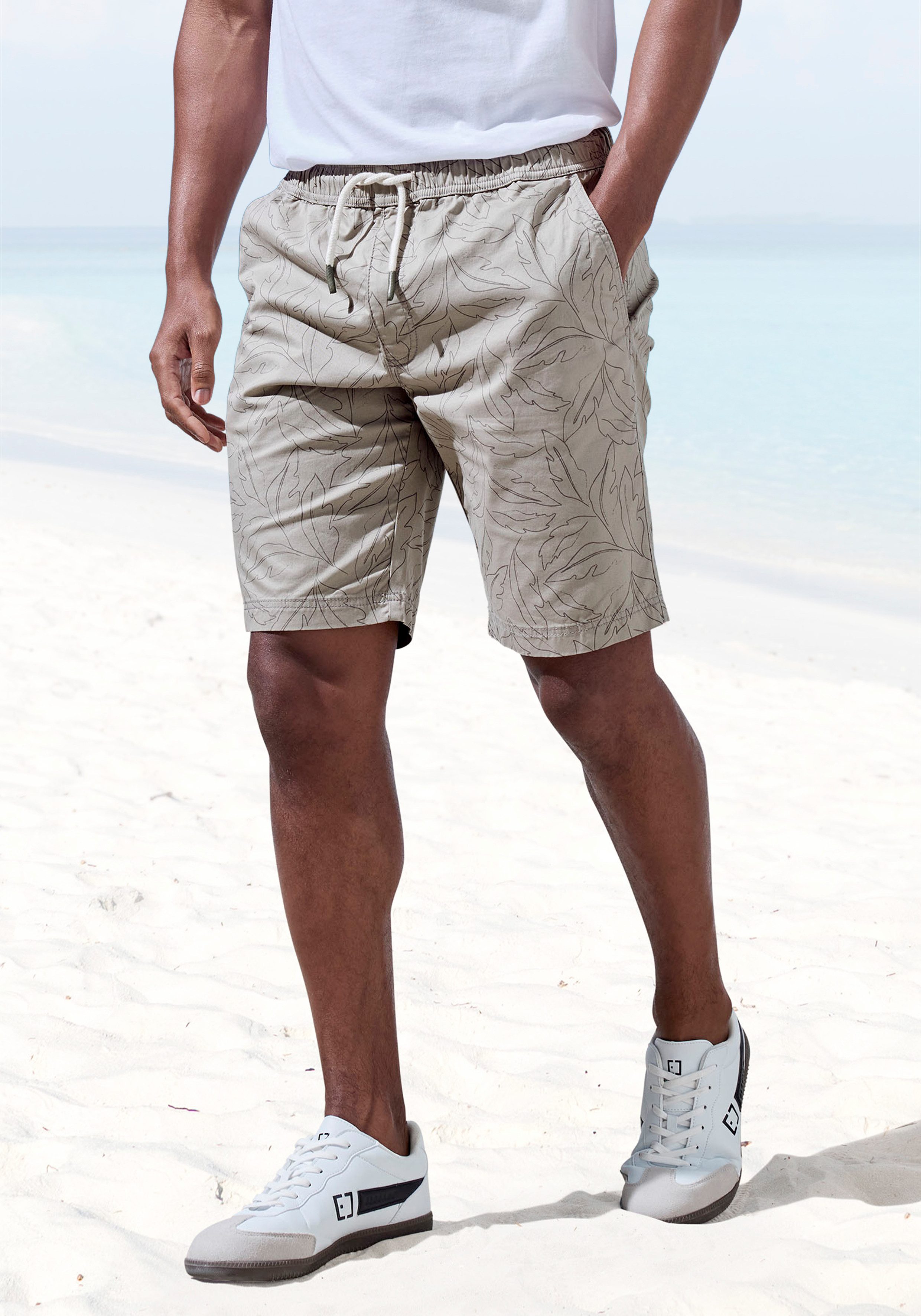 John Devin Shorts - Sommer Bermuda mit Blätter-Print kurze Schlupfhose aus elastischer, gewebter Baumwollqualität