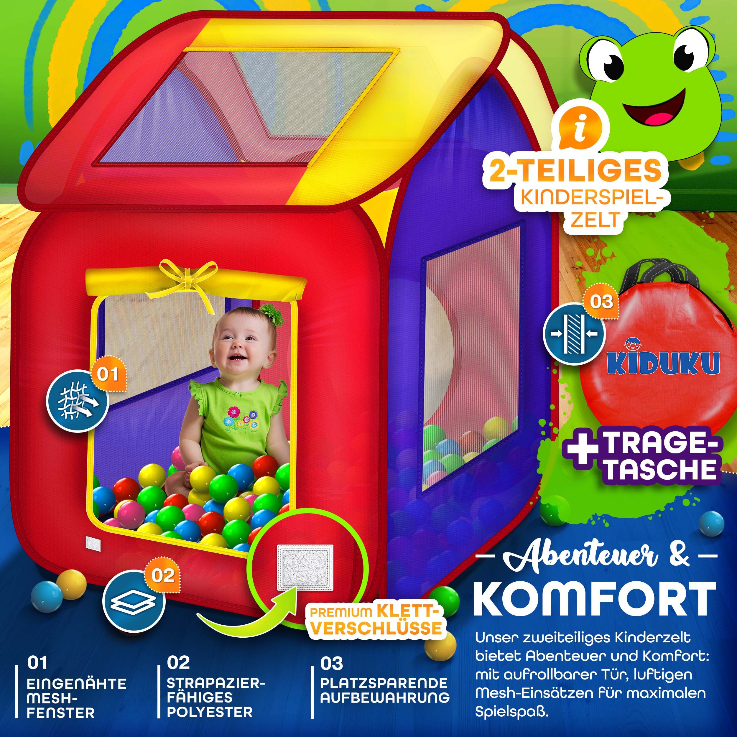 KIDUKU Bällebad KIDUKU® Spielzelt + 200 Bälle + Tasche Kinderzelt Bällebad Haus Kinder, draußen