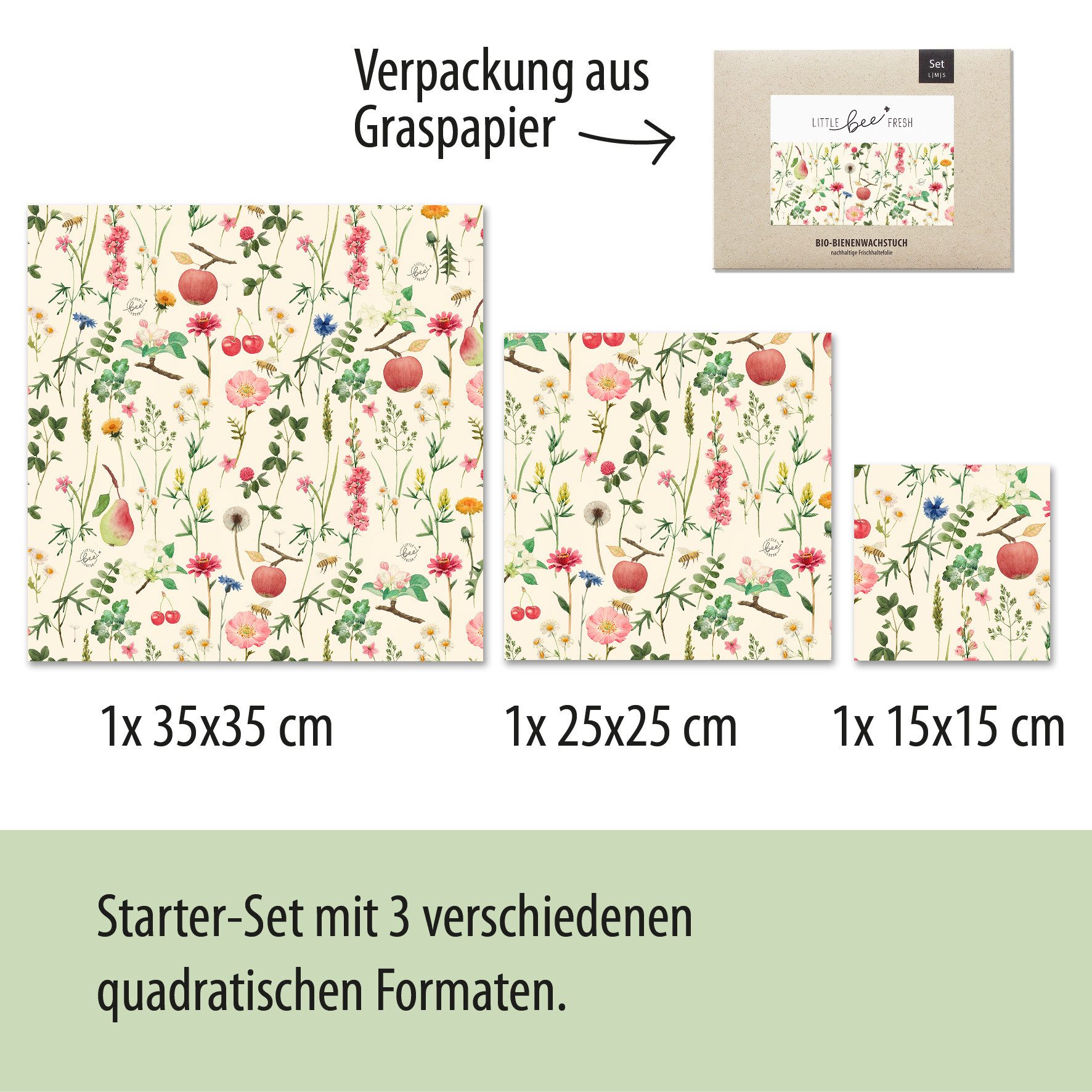 little bee fresh Bienenwachstücher Bio-Bienenwachstücher Starter-Set S/M/L, Set, 3-tlg., wiederverwendbar, plastikfrei, nachhaltig, regional – Bild 4 von 5