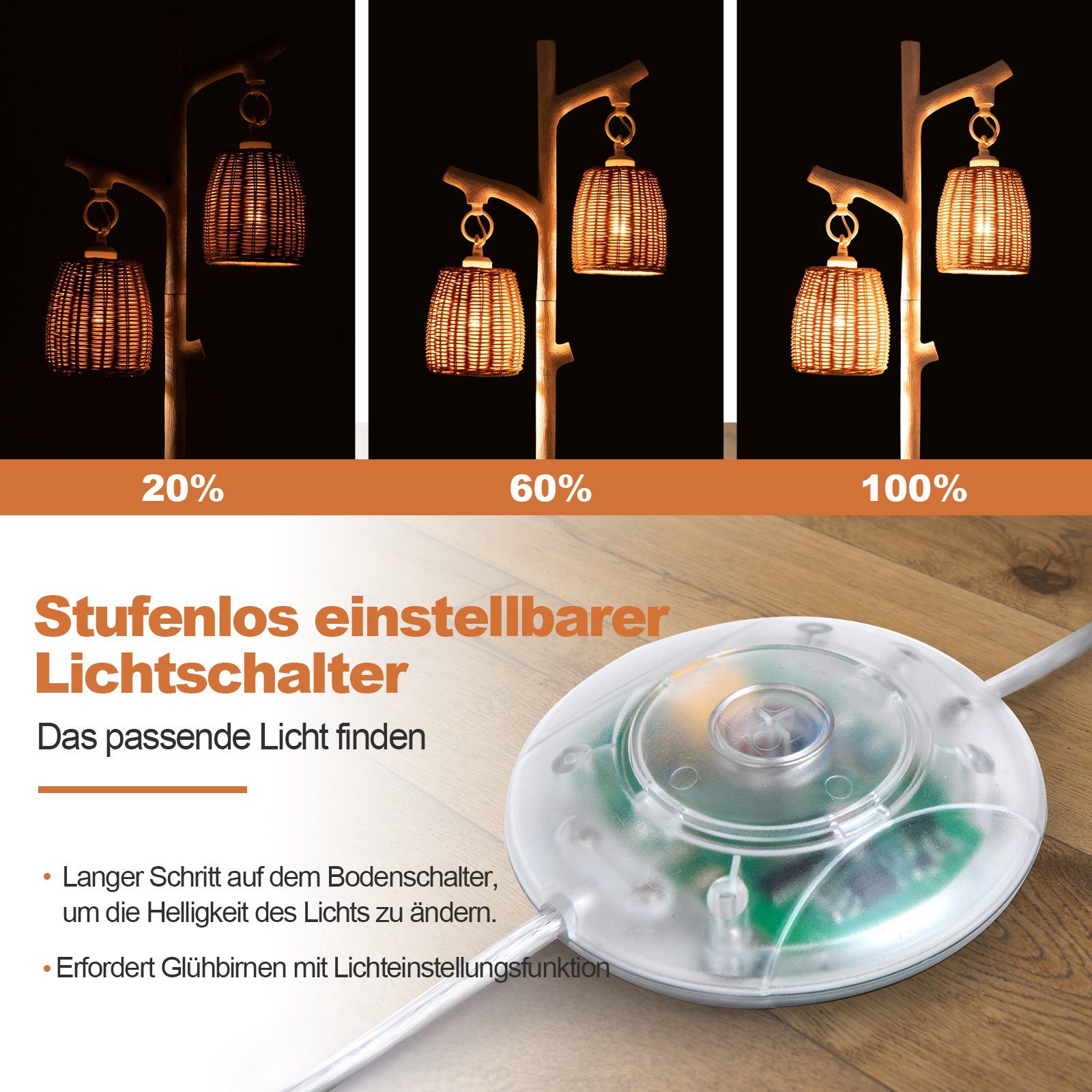 COSTWAY Stehlampe, ohne Leuchtmittel, dimmbar, mit Weidenlampenschirm 165cm 2