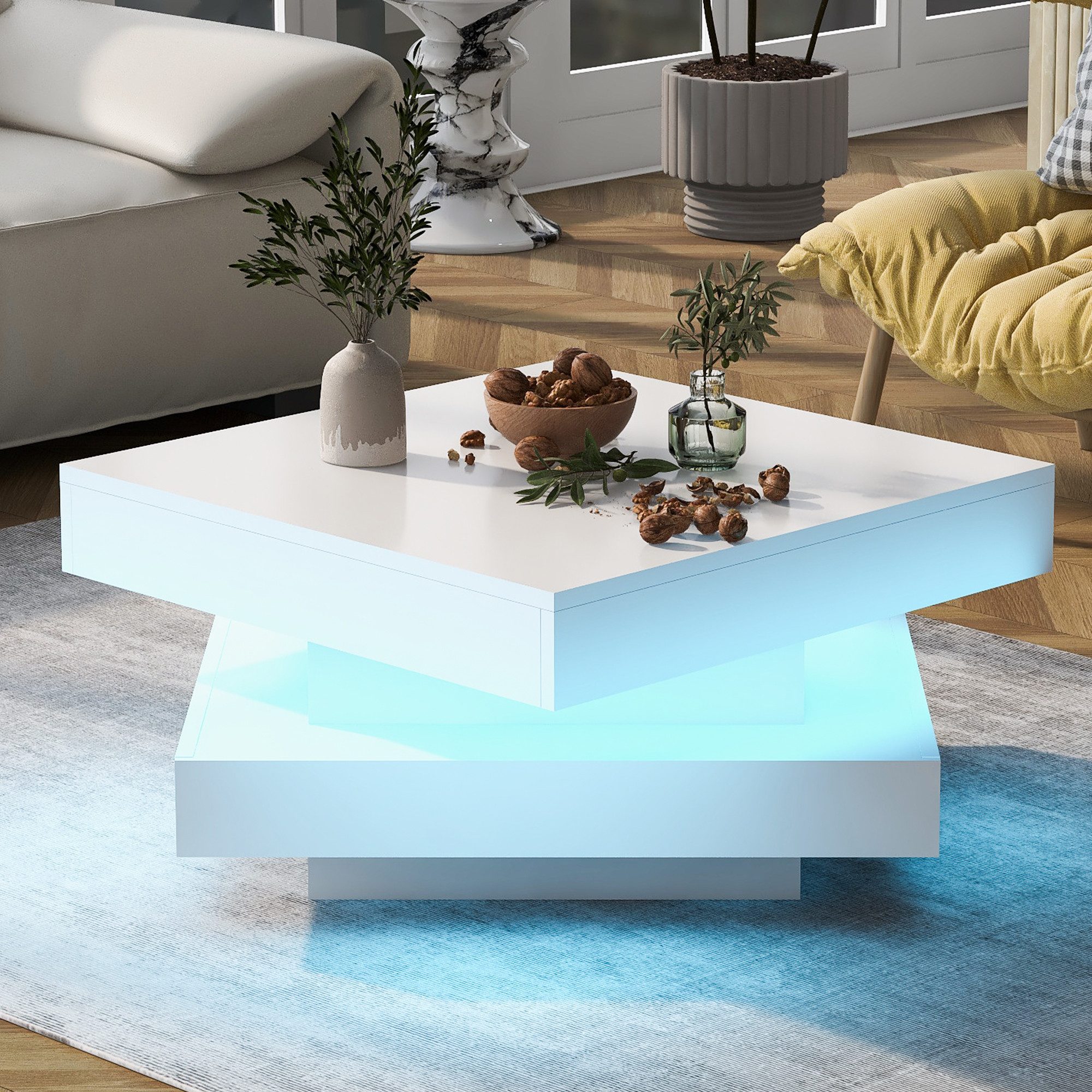 MODFU Couchtisch 70x70x36 cm, Weiß, Hochglanz (Packung, Drehbare Platte 360°, LED-Beleuchtung), Moderner Techno-Stil fürs Wohnzimmer