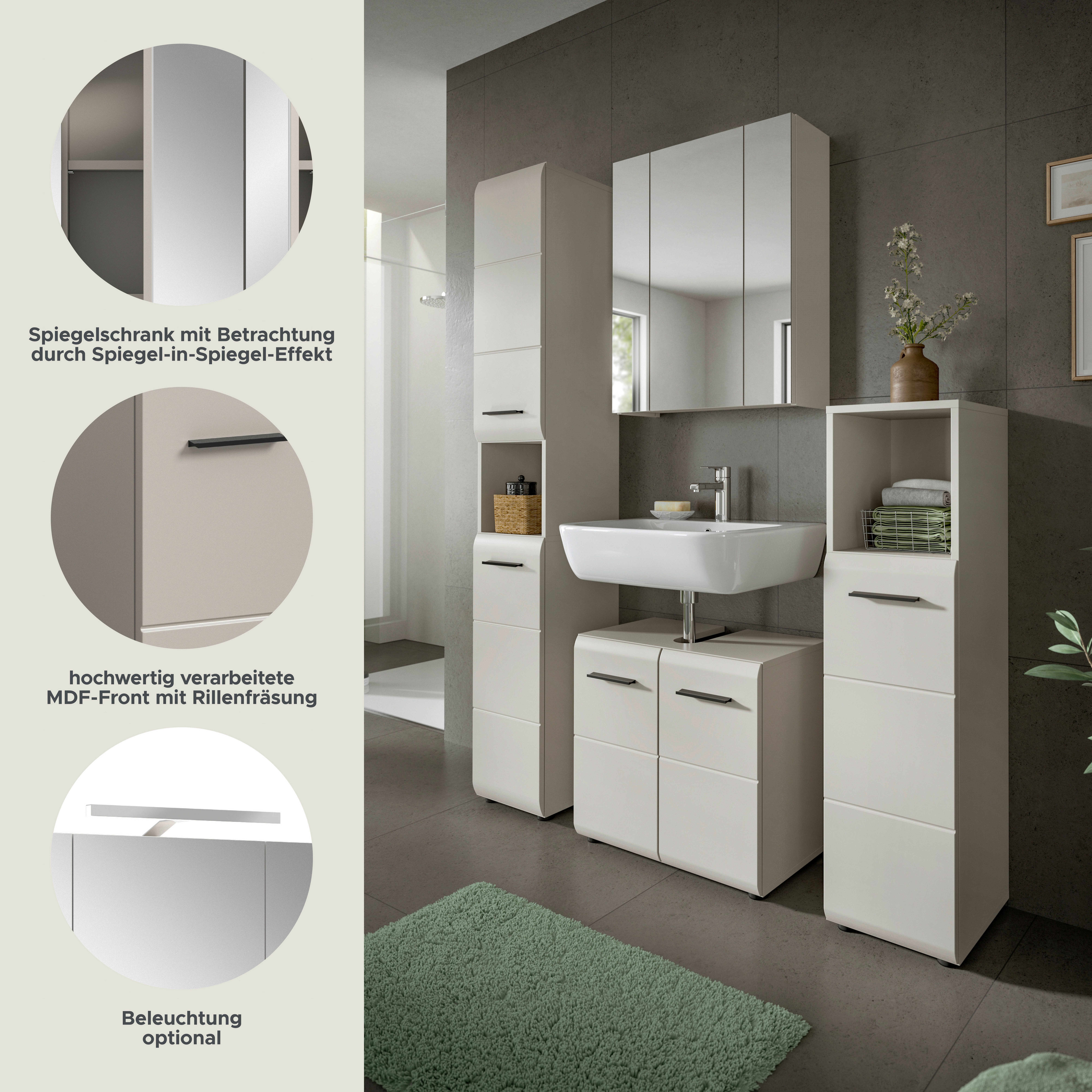 welltime Badezimmer-Set, (Set, 4-St., Hochschrank, WBU, Spiegelschrank, Standschrank hoch), Bad-Kombination, Bad-Möbel, Badezimmer, Kombination, Kombi