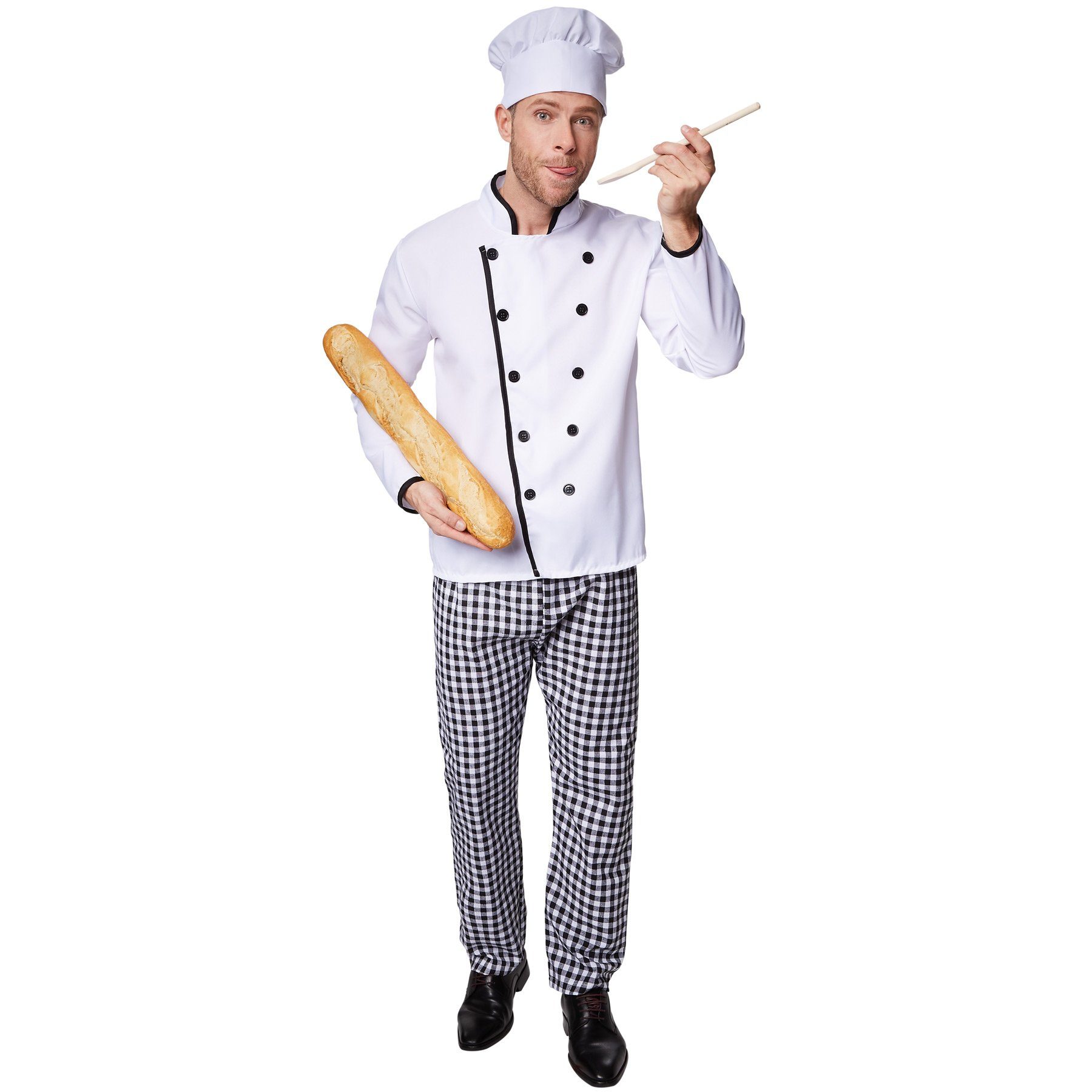 dressforfun Kostüm Koch/Chefkoch, in der Farbe schwarz/weiß, Gr. XXL, Inkl. Kochhut, Schön gearbeitetes Küchenchef-Jackett, Passende karierte Hose