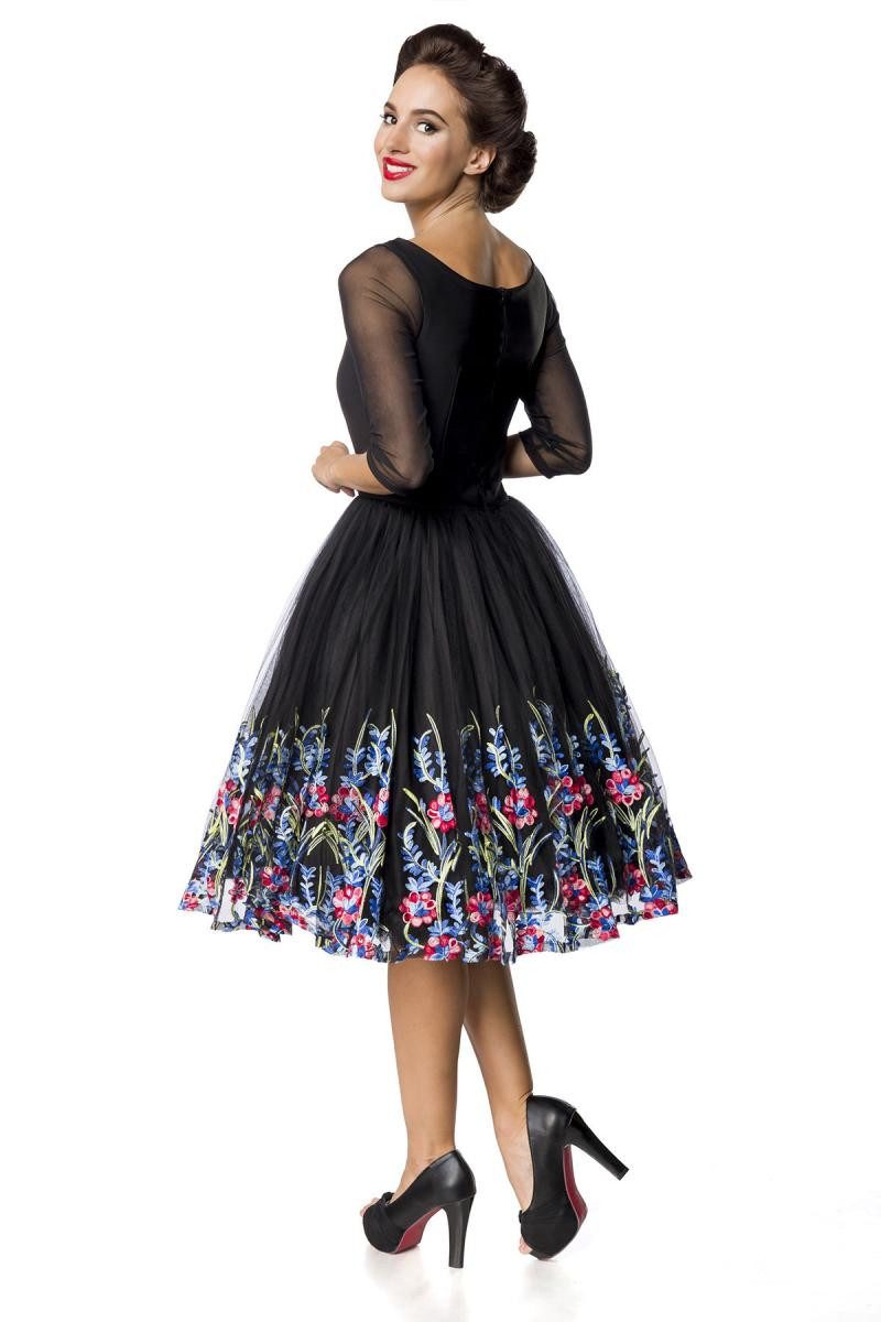 Atixo Minikleid Schwarzes knielanges Swing Kleid im High Waist Schnitt mit Netz und St