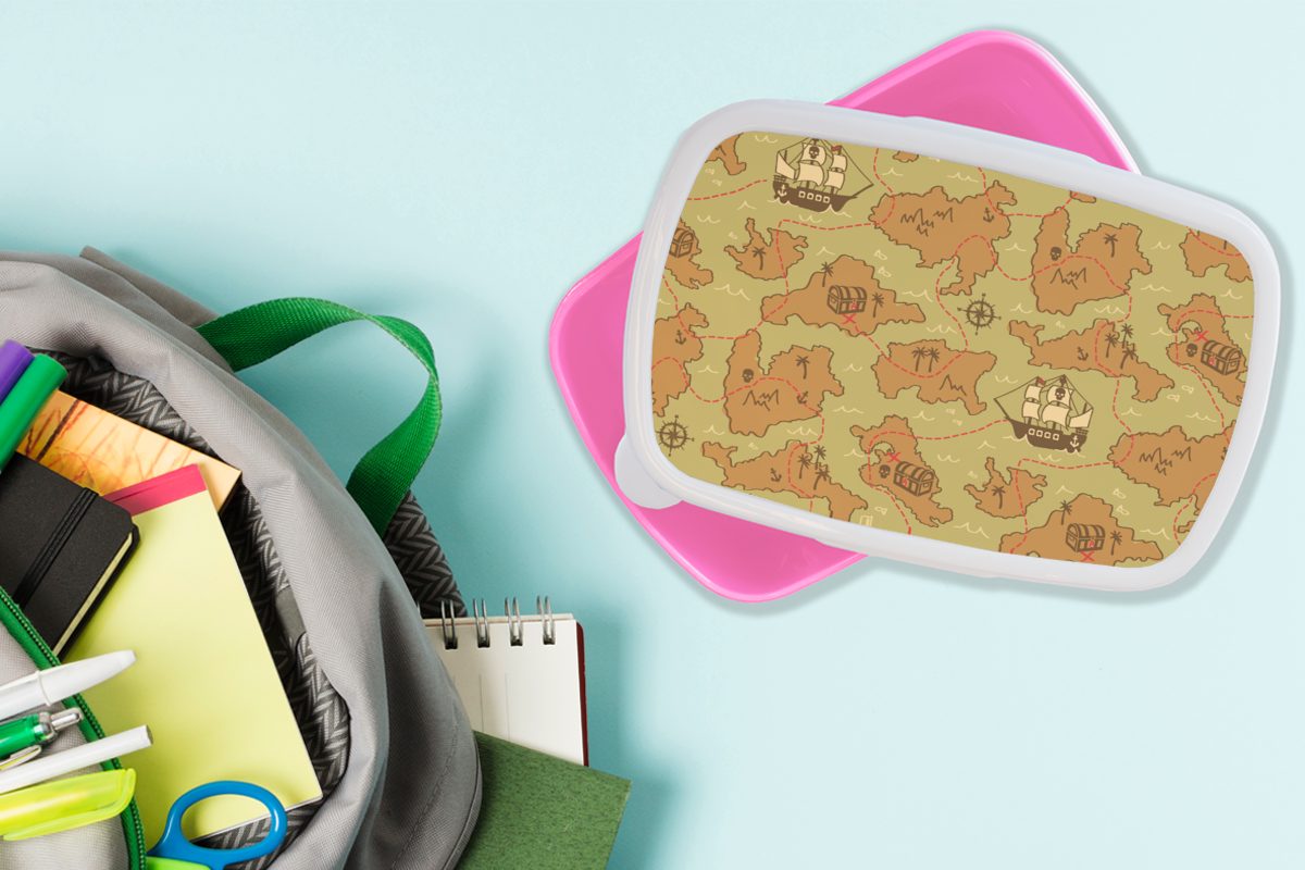 Piraten - für Snackbox, - Brotdose rosa Mädchen, Erwachsene, Kunststoff, Brotbox MuchoWow Kunststoff (2-tlg), - Schatzkarte Lunchbox Kinder, Kinder, Muster