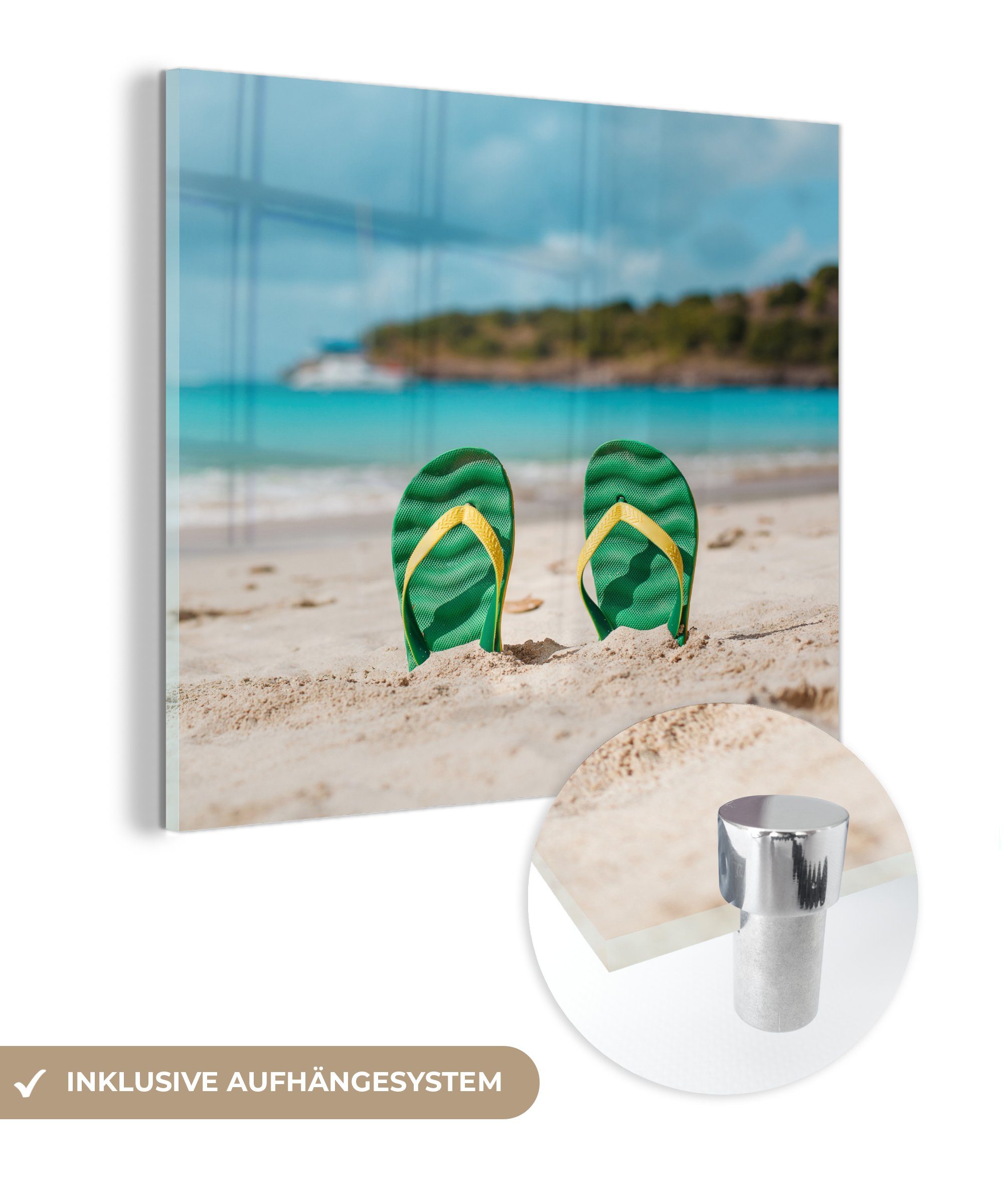 Foto Wandbild Wanddekoration St), - - Grün, - MuchoWow Acrylglasbild - (1 auf Glas auf Bilder - Glas Glasbilder Strand Pantoffeln