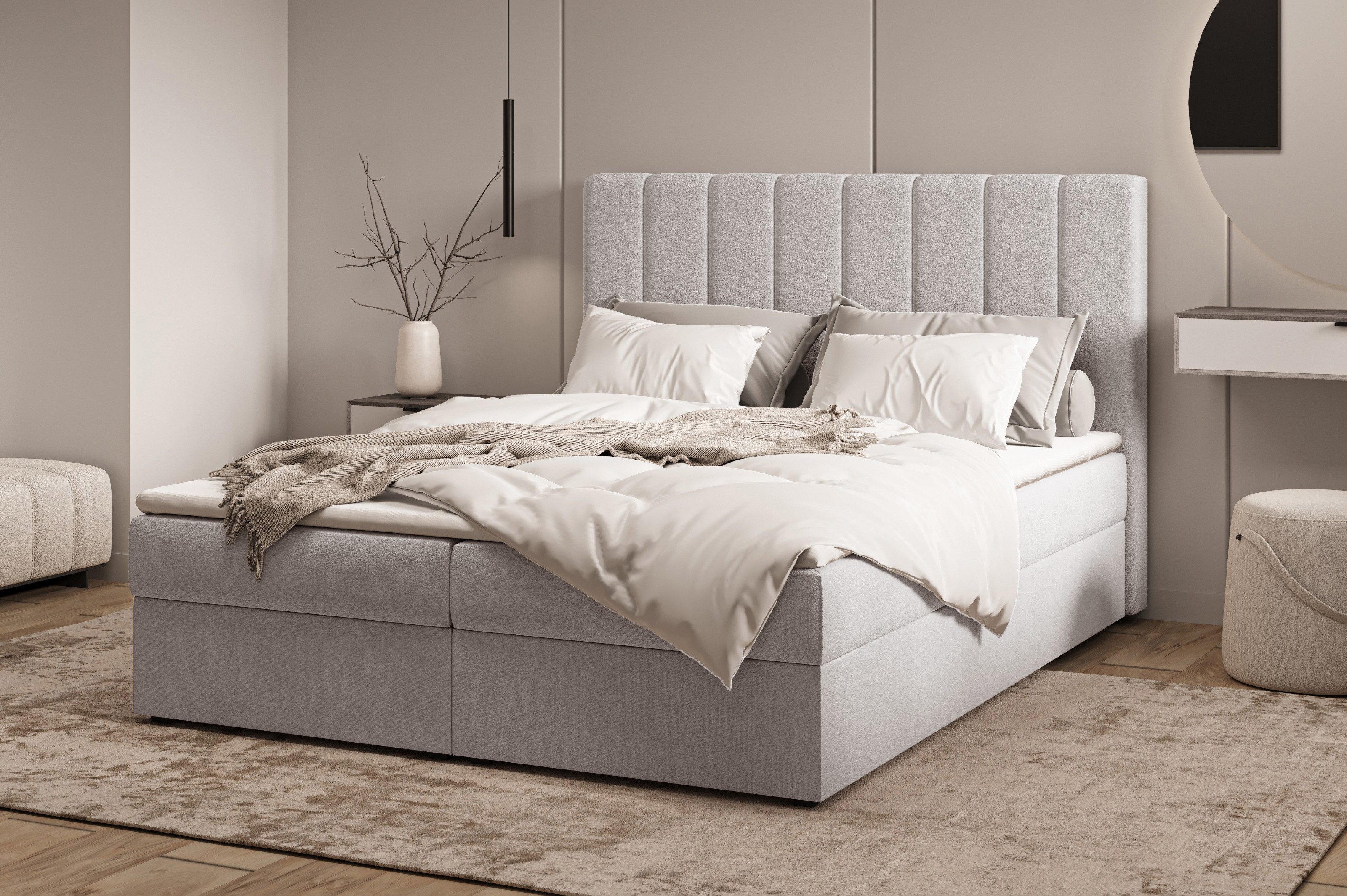 MOEBLO Boxbett Bett 01 (Bonell, Topper, Doppelbett gepolstertes Kopfteil mit Bettkasten Boxbett - 140x200 cm, aus Samt, Polsterbett Kontinentalbett, dekorativem Kopfteil), (BxHxT):143/163/183x113x214 cm