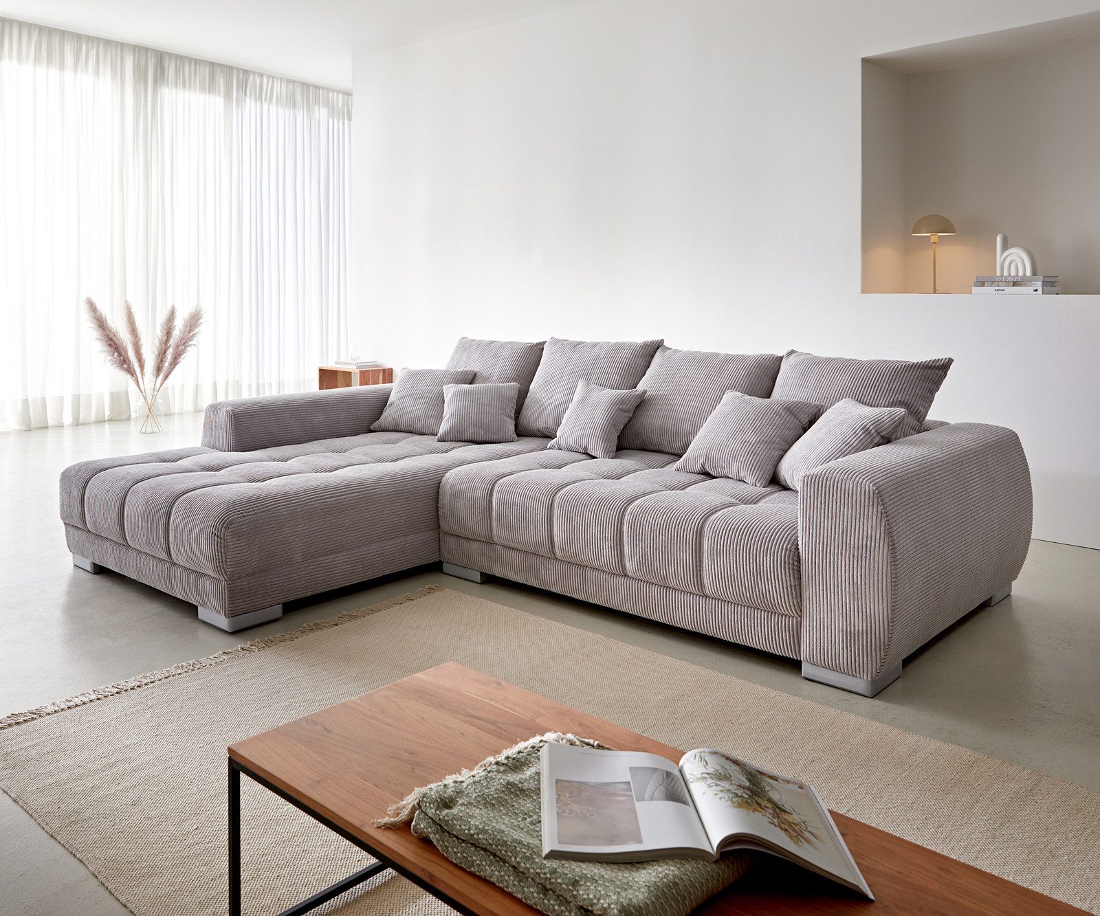 DELIFE Ecksofa Josea, Cord Silbergrau 300x220 cm Ottomane links Ecksofa günstig online kaufen