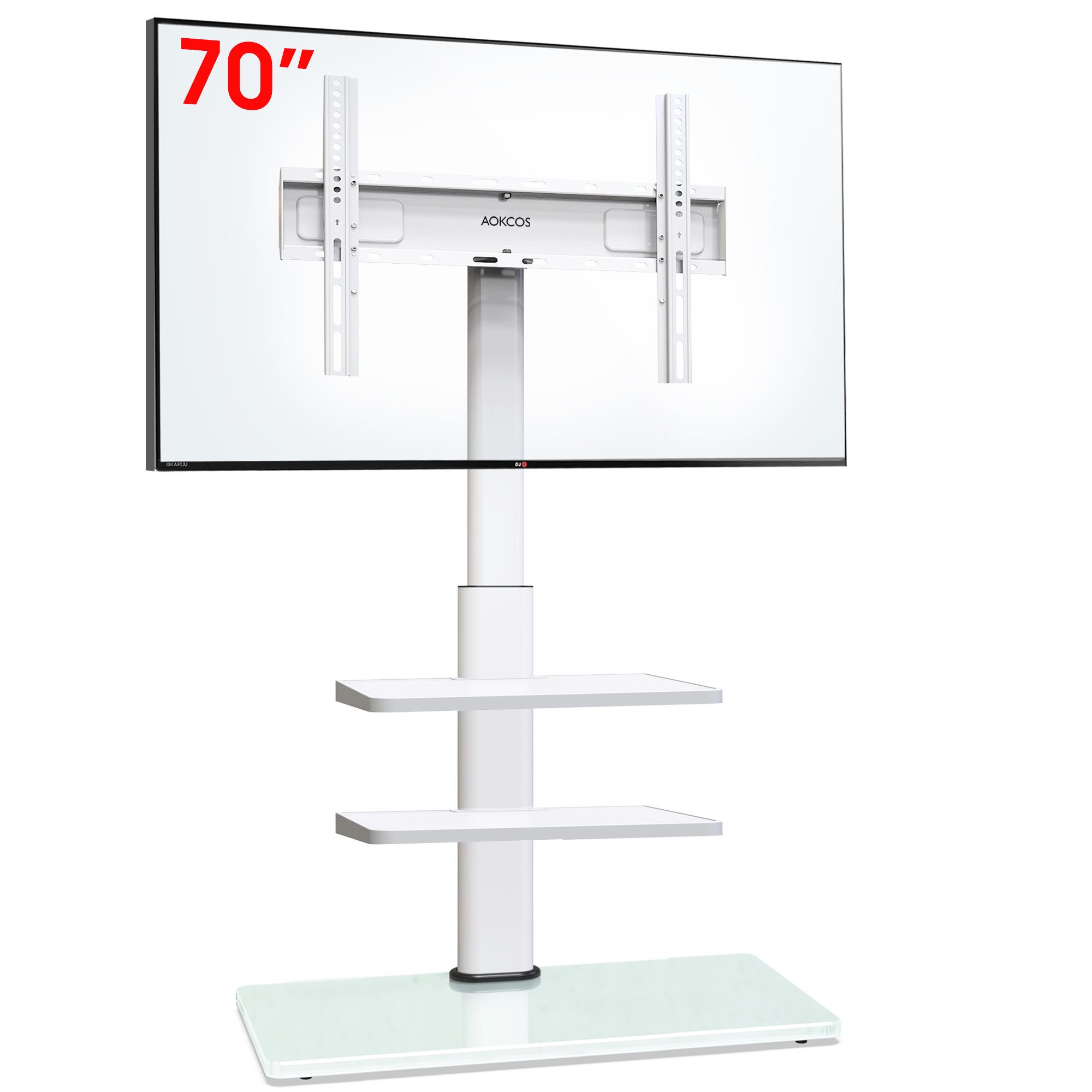 AOKCOS TV-Ständer mit 2 Ablagen, ±30° schwenkbar, höhenverstellbar, 32-70 Zoll, (bis 70 Zoll, -2° - 10° neigbar)
