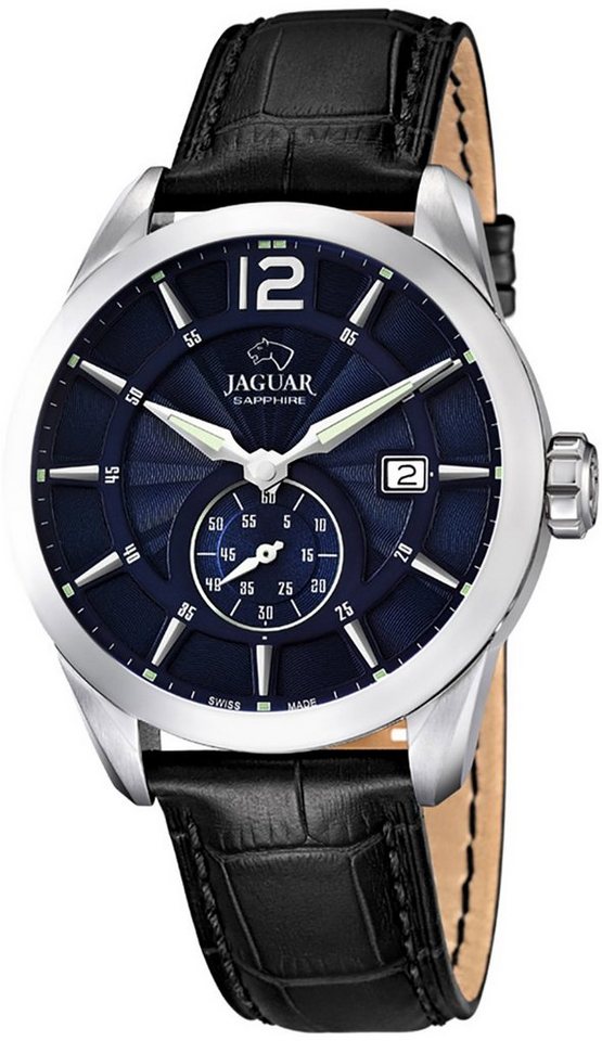 Quarz rund, schwarz, JAGUAR Elegant Lederarmband Elegant, Herren Herren Leuchtzeiger Uhr Armbanduhr Quarzuhr Jaguar J663/2,