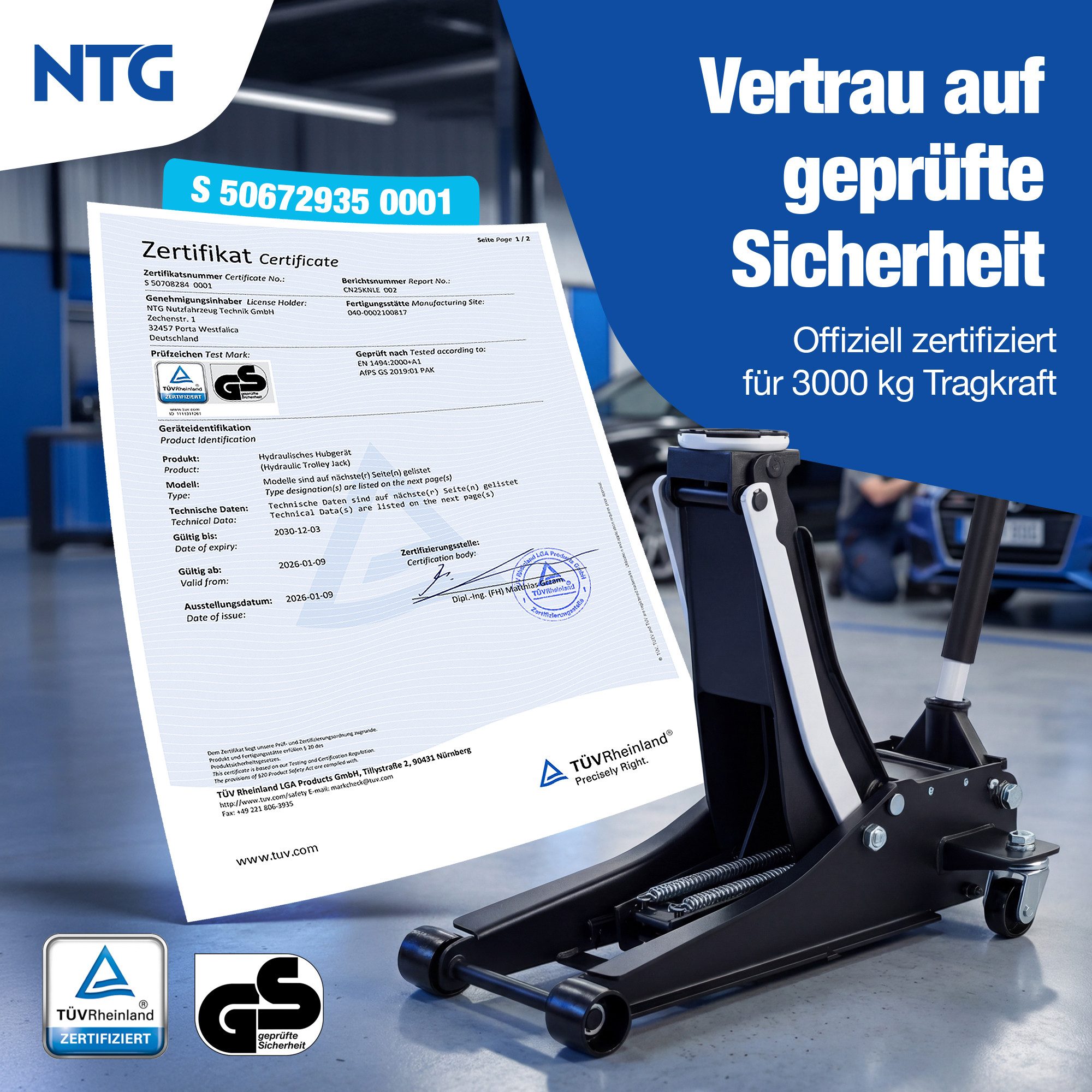 NTG Nutzfahrzeug Technik GmbH Wagenheber 3t Flach 75-505mm Rangierwagenheber TÜV Zertifiziert 29,6 KG, max. Hubhöhe: 50.5 cm, PRO Variante NUR 29,6 KG, 1-tlg., Hydraulisch mit Doppelzylinder, Lowline Wagenheber