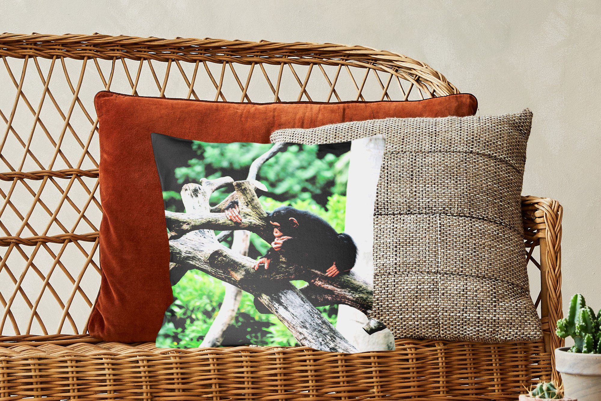 Wohzimmer, Deko, Dschungel, Junger MuchoWow Schimpanse im Zierkissen für Dekokissen mit Sofakissen Schlafzimmer, Füllung