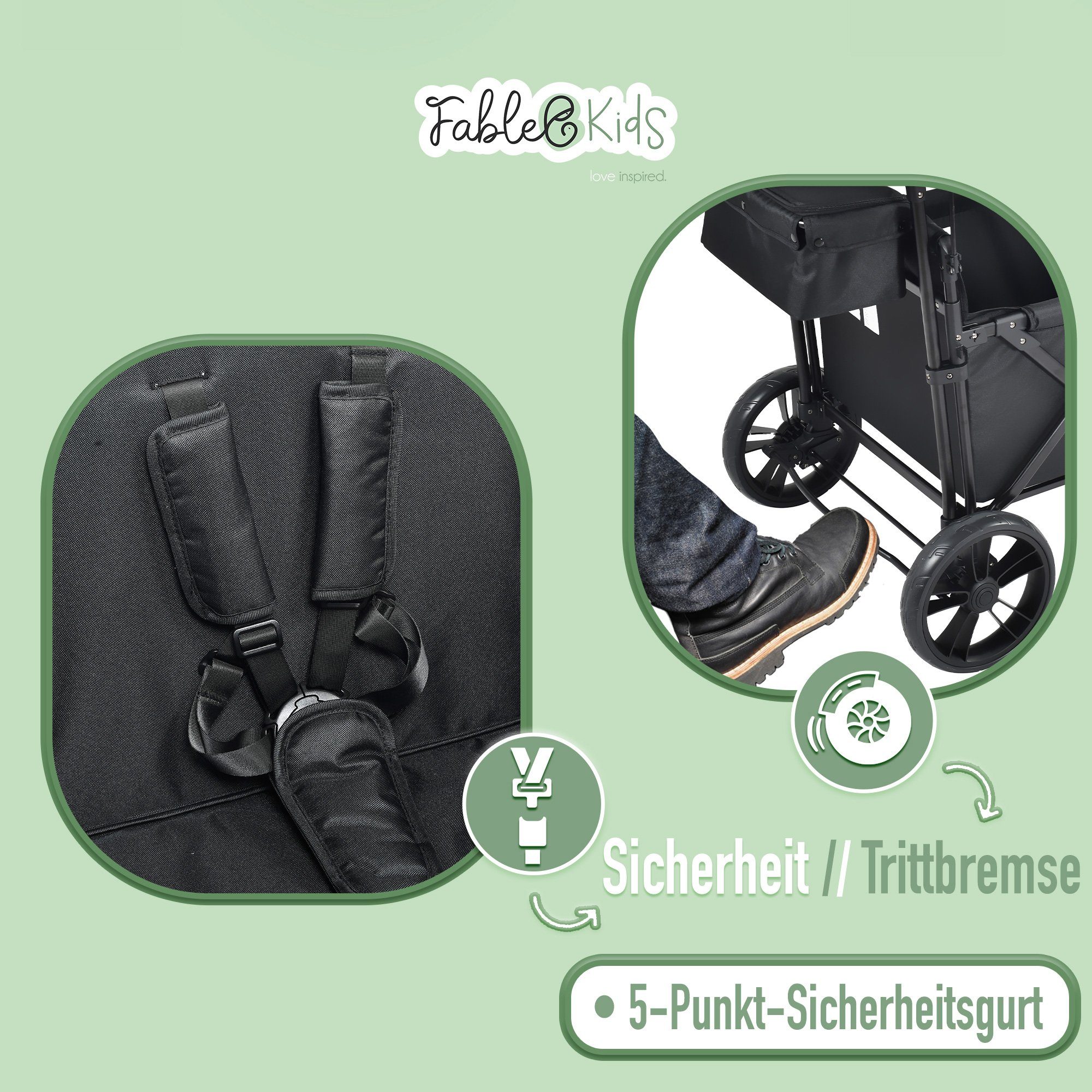 FableKids Bollerwagen LEO X2Lite – Faltbarer Transportwagen mit Dach 5-Punkt-Gurt (Onyx Schwarz), Hecktasche, Abdeckhaube