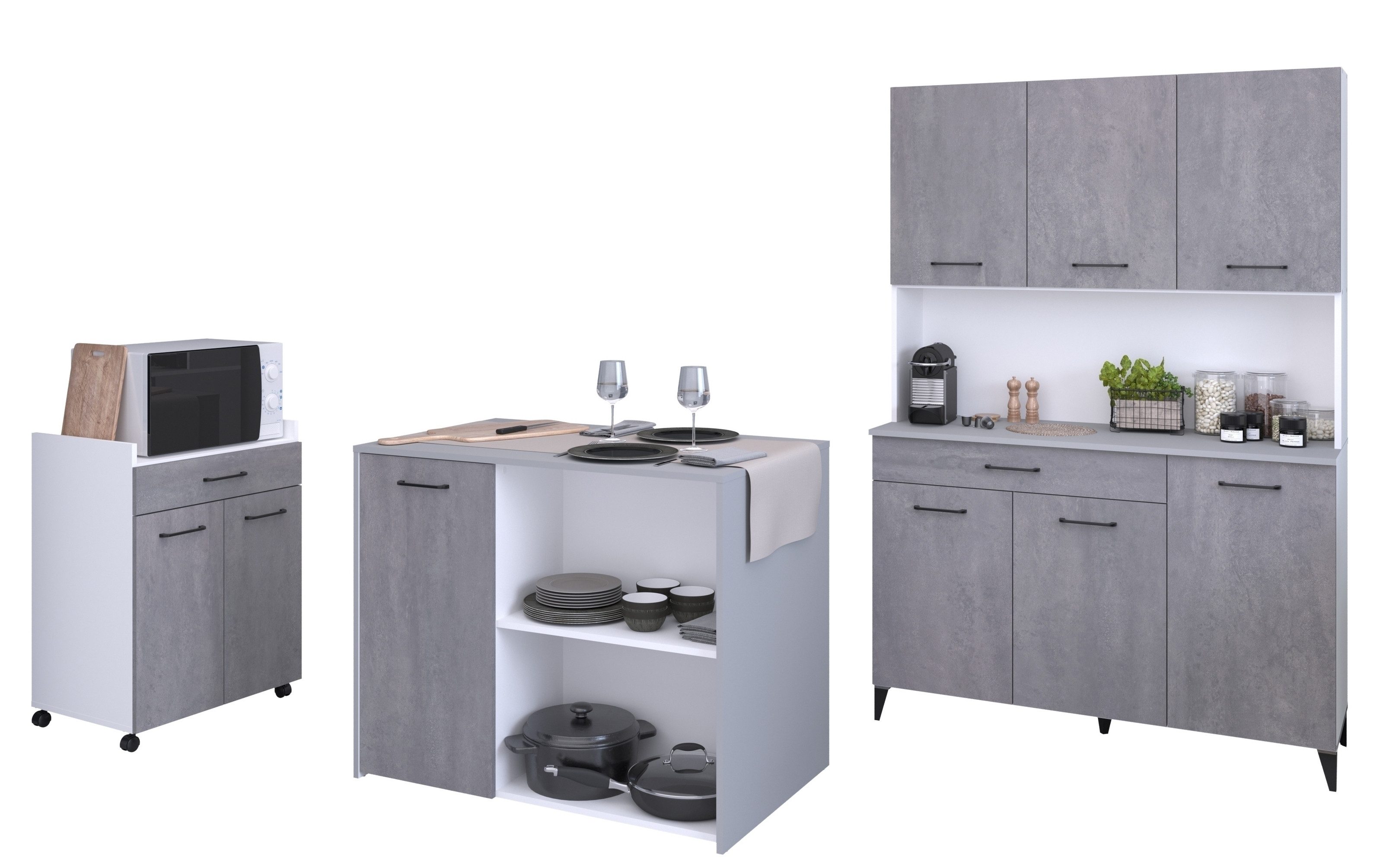 Parisot Mehrzweckschrank-Set Malice 6, (3-teilig), (3-teilig) Buffet + Insel + Beistellschrank, Beton Optik hell / weiß