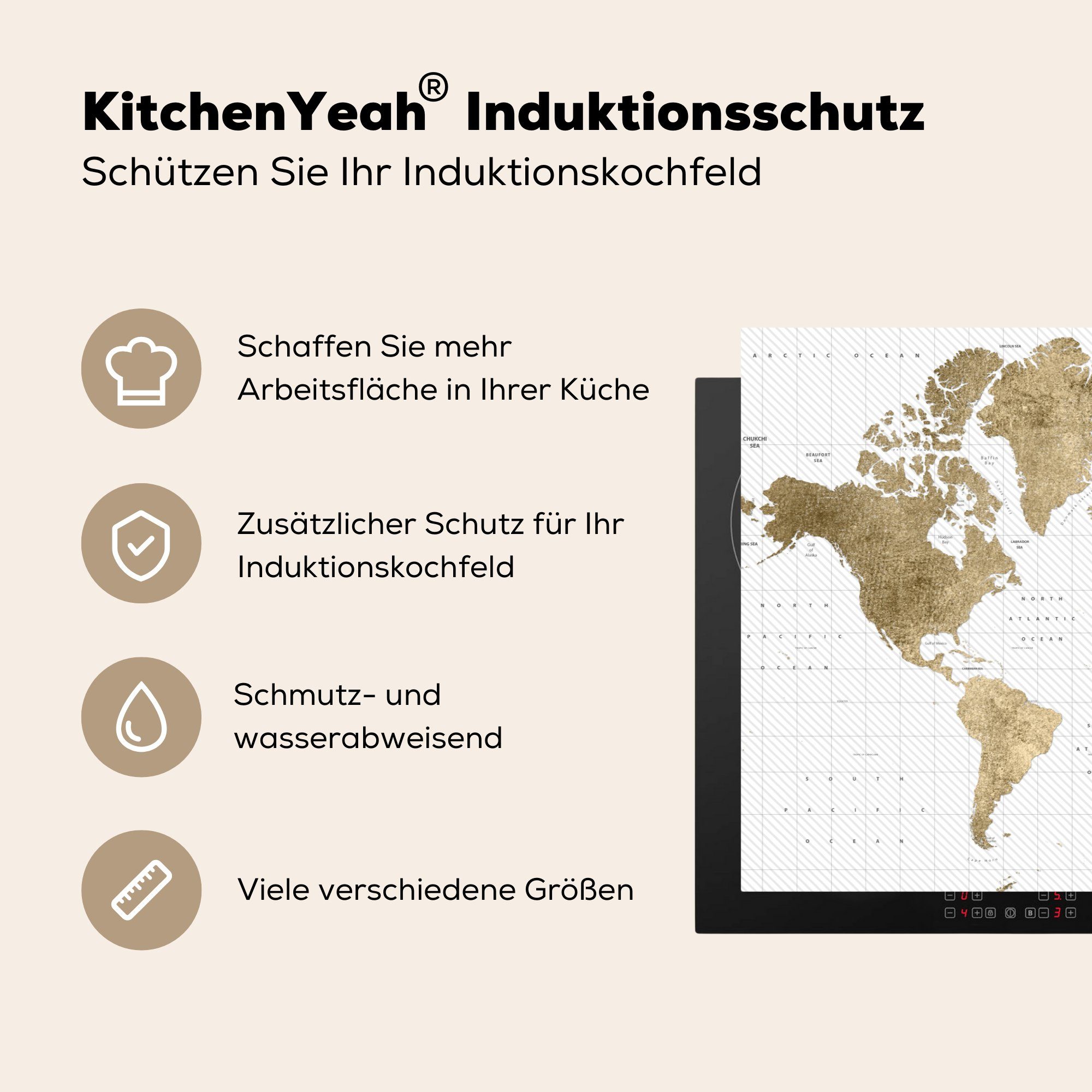 Vinyl, MuchoWow Induktionskochfeld Herdblende-/Abdeckplatte (1 die 81x52 - küche, tlg), Weltkarte Glitter, für Gold Schutz - cm, Ceranfeldabdeckung