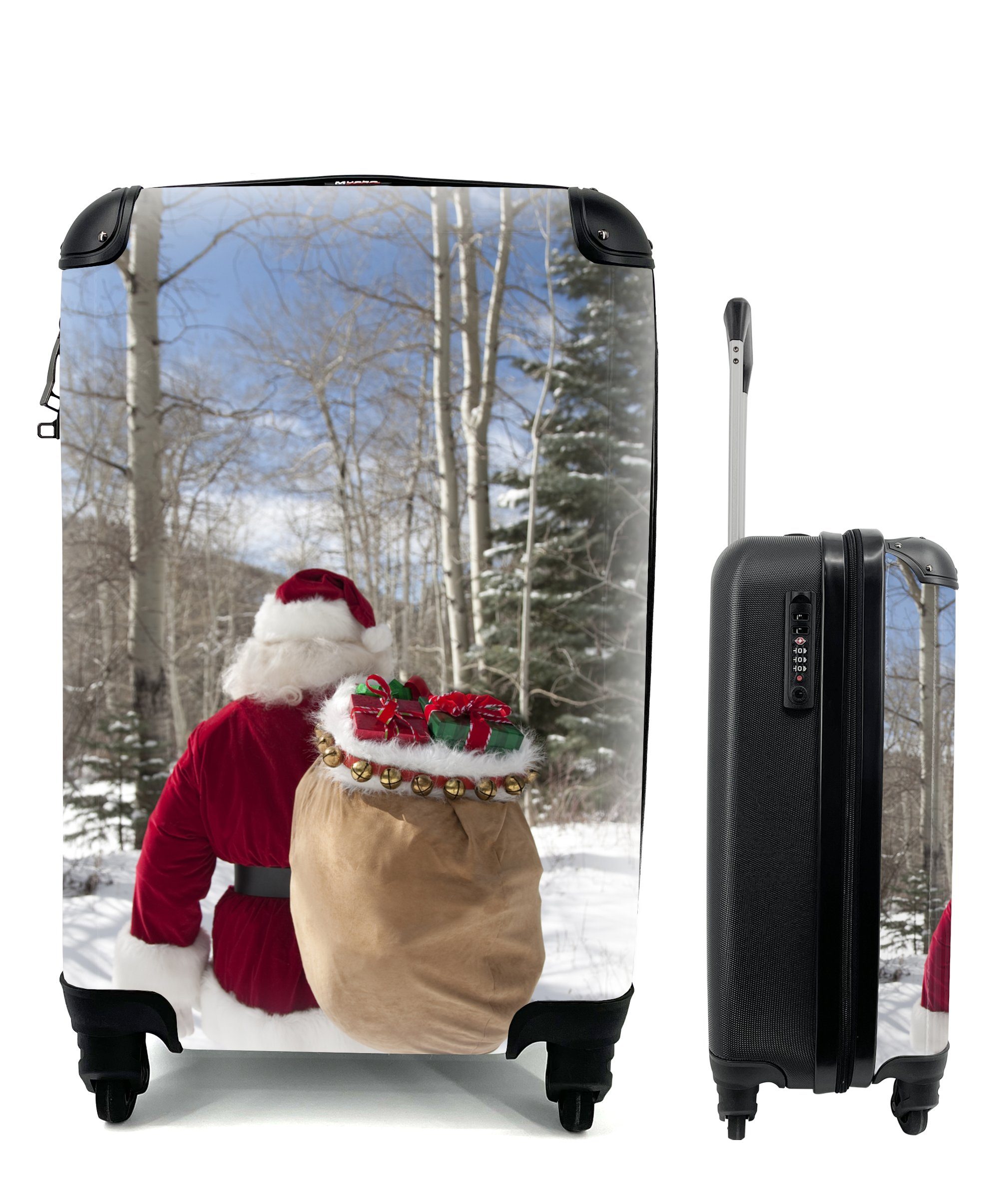 MuchoWow Handgepäckkoffer Der Weihnachtsmann geht mit einem Sack voller Weihnachtsgeschenke, 4 Rollen, Reisetasche mit rollen, Handgepäck für Ferien, Trolley, Reisekoffer | Handgepäck-Koffer