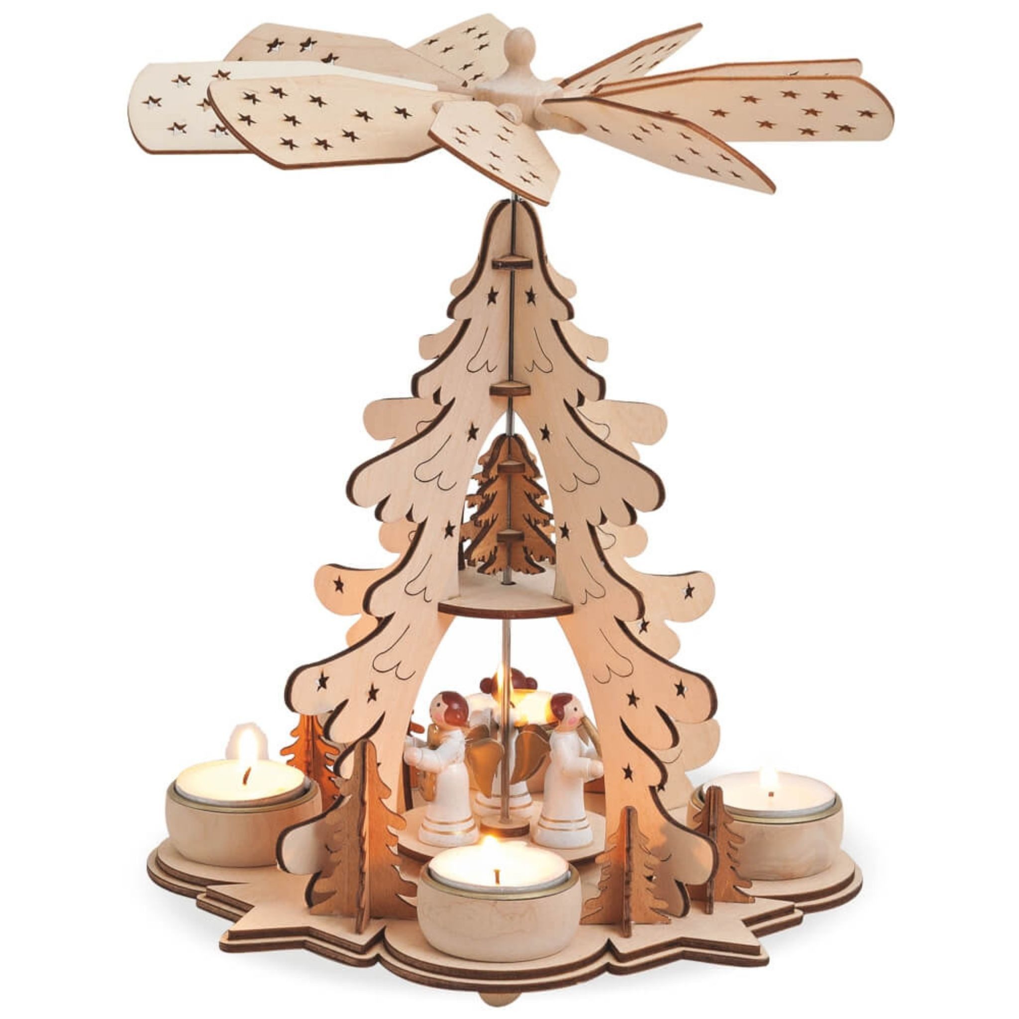 matches21 HOME & HOBBY Weihnachtspyramide Weihnachtspyramide Teelichthalter Baum & Engel 22 x 27 cm natur, Holz Kerzenhalter Weihnachtsdeko Tischdeko Fensterdeko