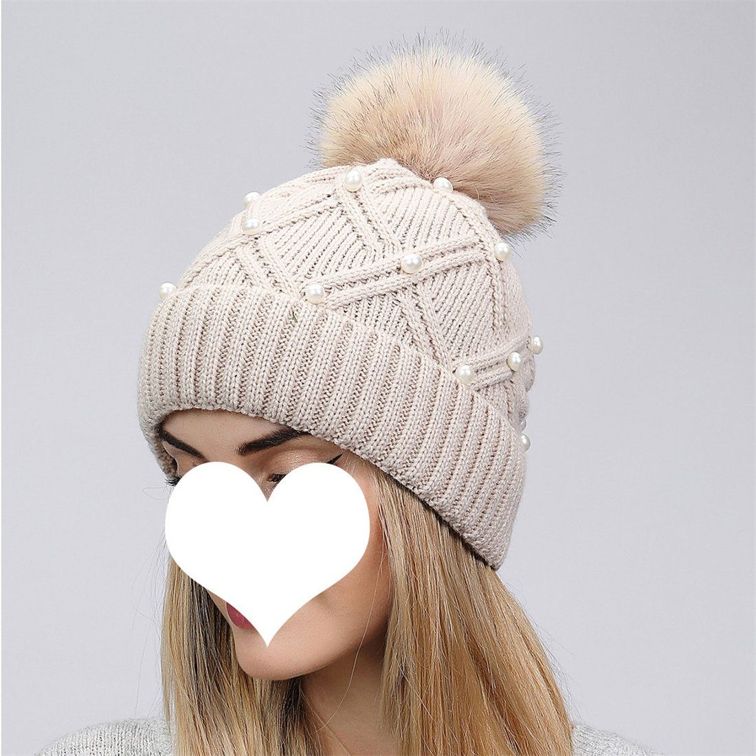 Woolen Cap Cap, Hairball Strickmütze Winter Knitted Fashion Warm Thickened DÖRÖY Weiß Women's
