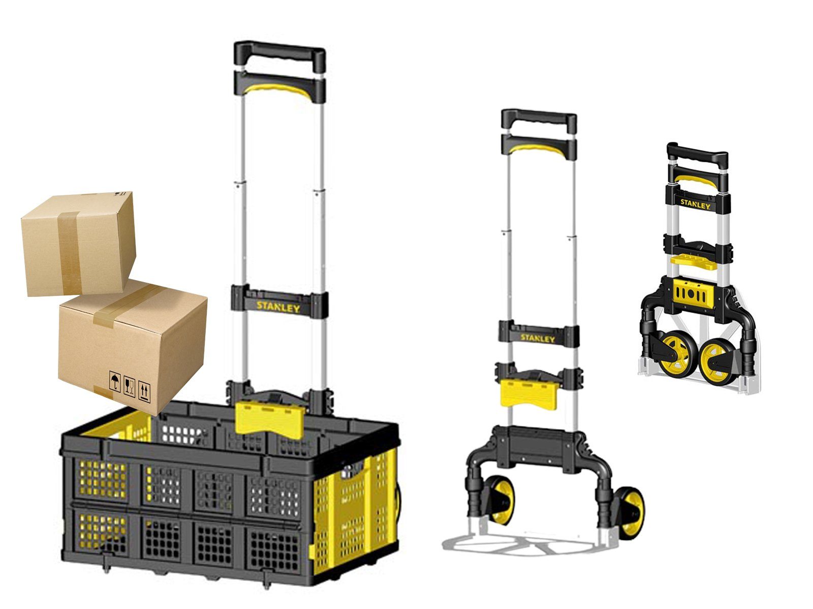 STANLEY Sackkarre, (Inklusive passender Klappbox bis 25kg Traglast), Transportkarre klappbar, Stapelkarre bis 60kg Traglast & Klappkiste