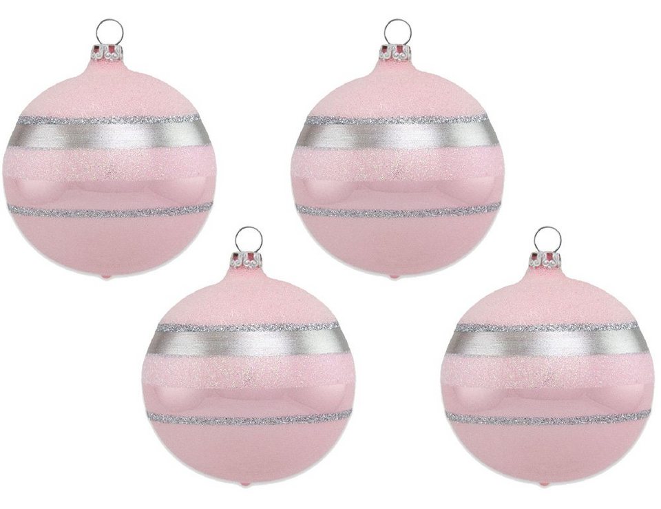 Thüringer Glasdesign Weihnachtsbaumkugel Ø 6 cm - Glitterstreifen Rosa Opal  (4 St), Mundgeblasen