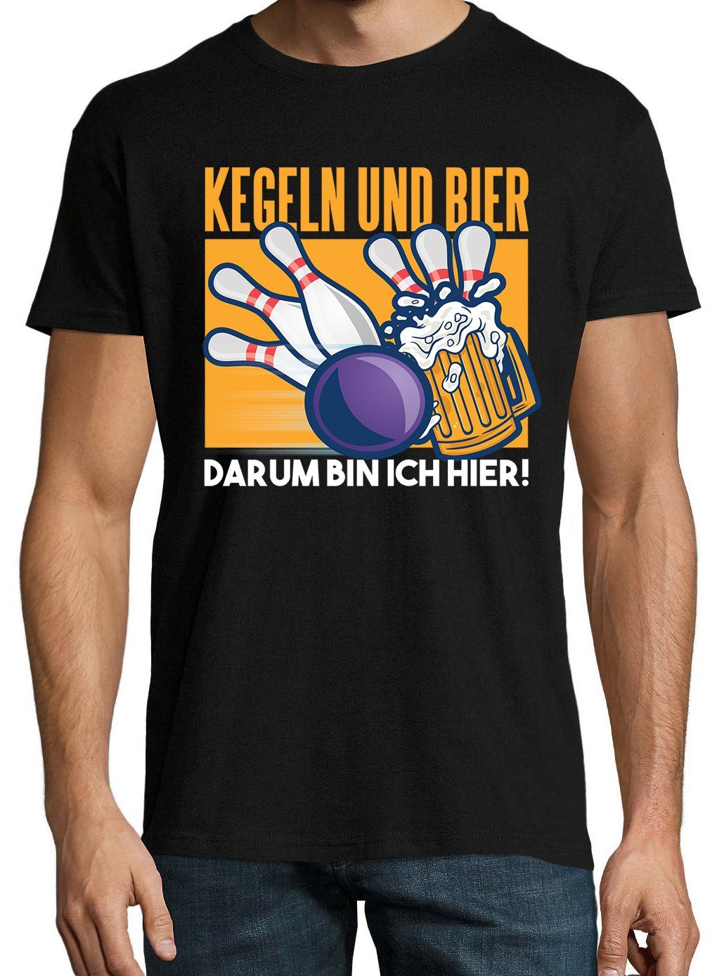 Youth Designz T-Shirt "Kegeln Und mit Bin Bier, T-Shirt Ich lustigem Darum Frontprint Herren Hier" Schwarz