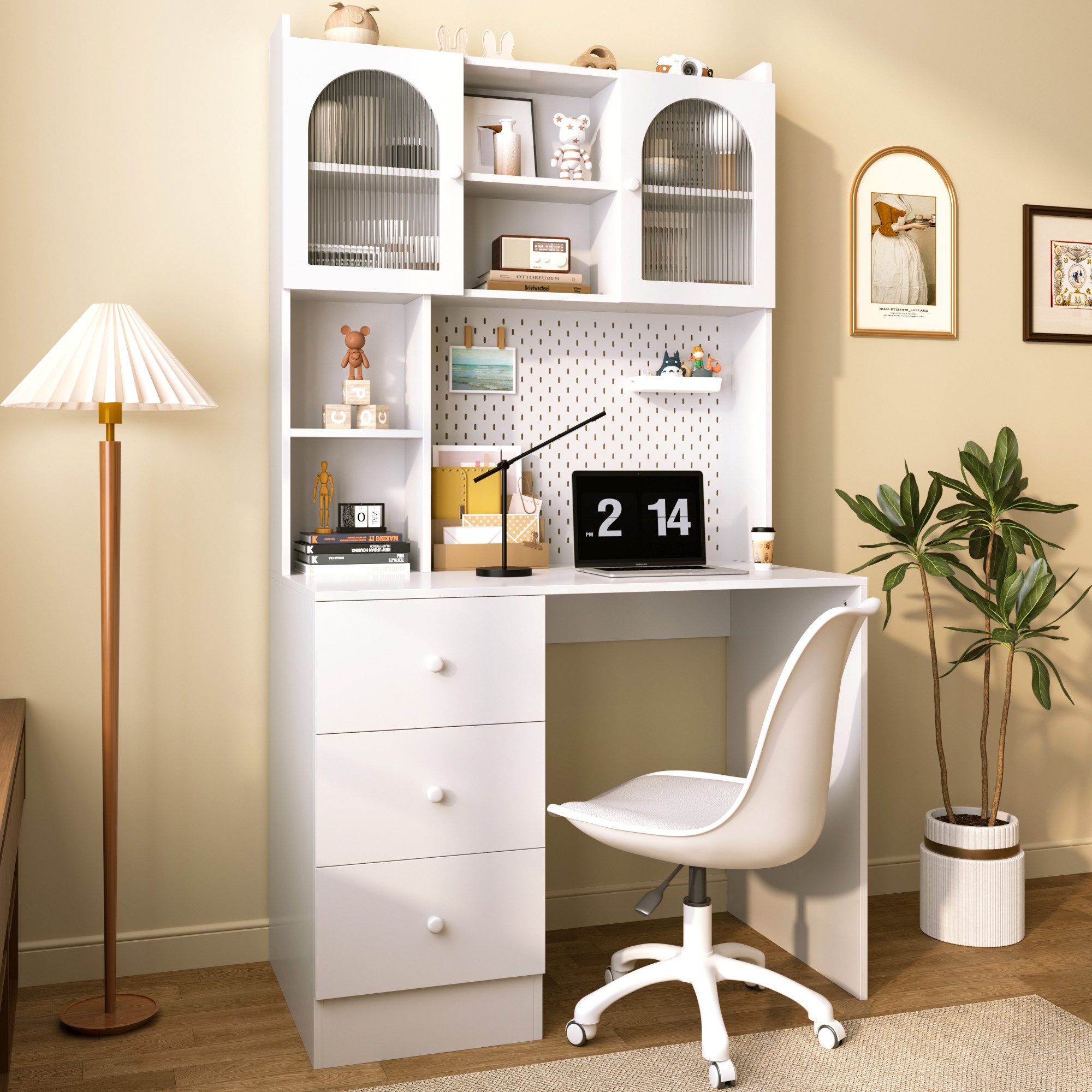 Odikalo Schreibtisch Multifunktionaler Lernschreibtisch integriertem Schrank PinnwandSystem (180 cm, 3 Schubladen & Vitrine mit Glasfronten, für Arbeitszimmer Schlafzimmer Homeoffice)