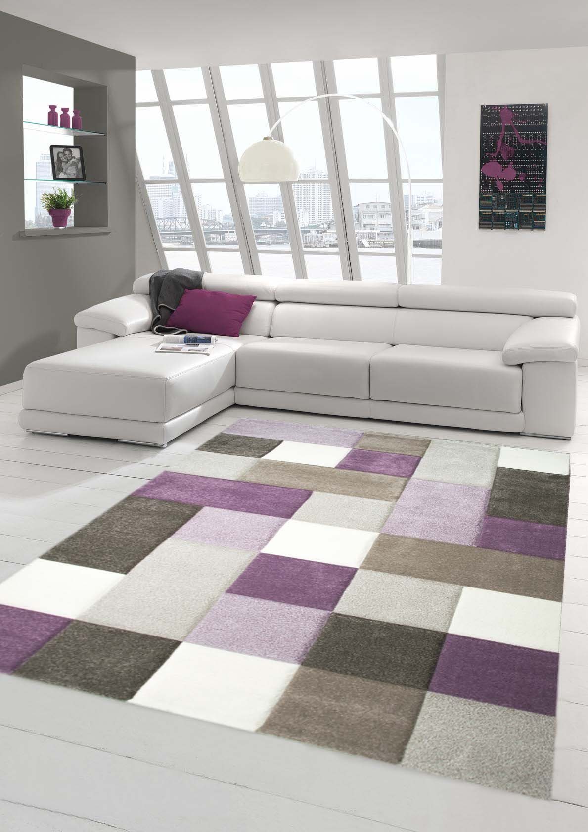 Teppich Designer und Moderner Teppich Pastell Farben in Karo Muster Lila Creme Beige, Teppich-Traum, rechteckig, Höhe: 13 mm