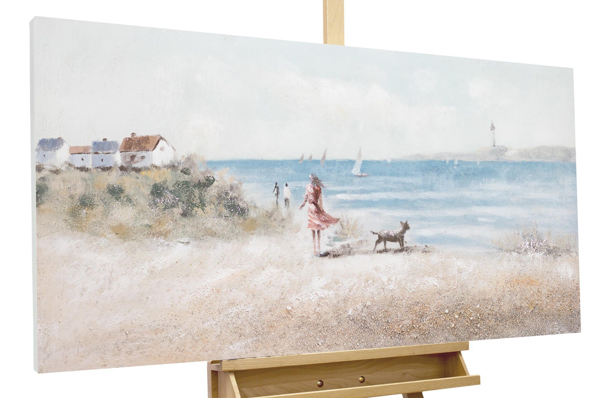 KUNSTLOFT Gemälde Gassi am Strand 120x60 cm, Leinwandbild 100% HANDGEMALT Wandbild Wohnzimmer