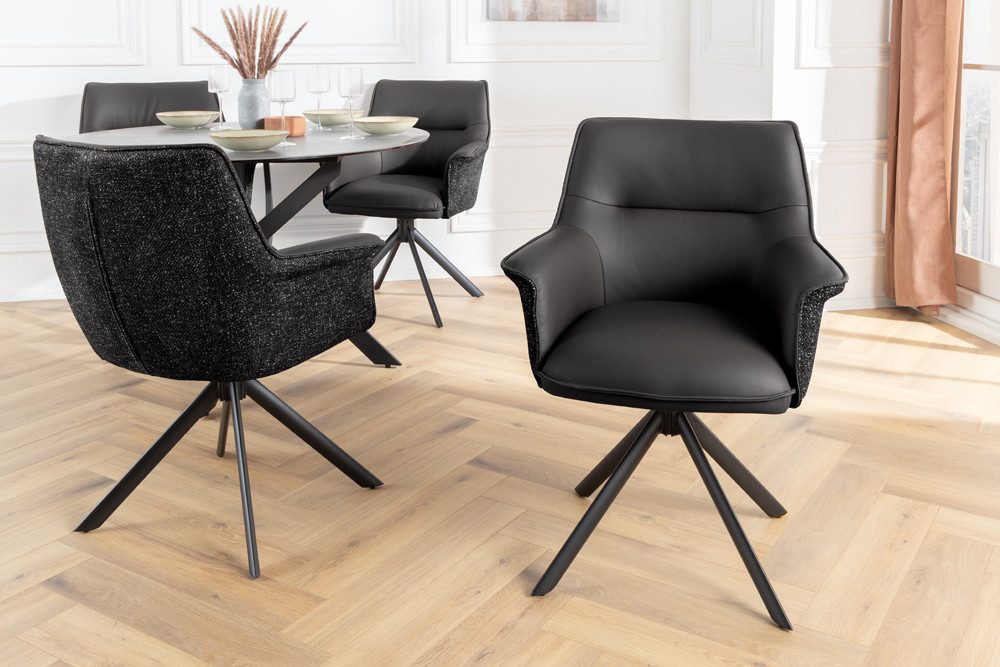 riess-ambiente Drehstuhl LE GRAND schwarz – Echtleder, Strukturstoff, 180° drehbar, m. Armlehne (Einzelartikel, 1 St), mit Metallgestell & Auto-Return-Funktion – ideal für Deinen Esstisch