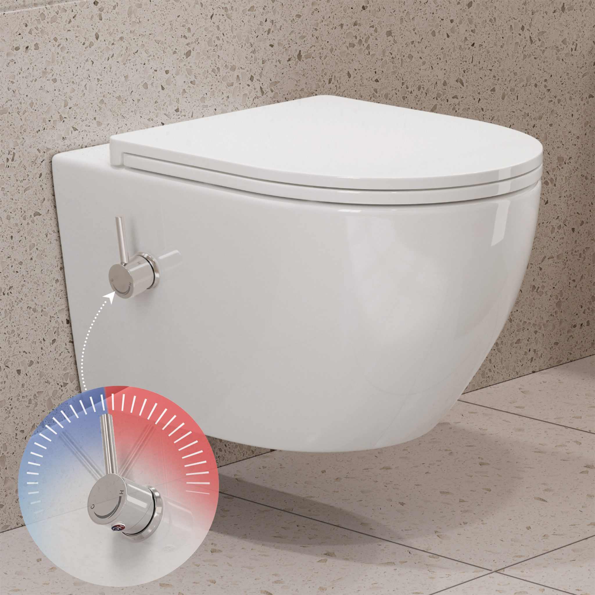 HOROW Dusch-WC Taharet WC - Spülrandloses WC mit Bidet Funktion und Einhebelarmatur, wandhängend, Abgang Waagerecht, Bidet WC, Einfache Montage