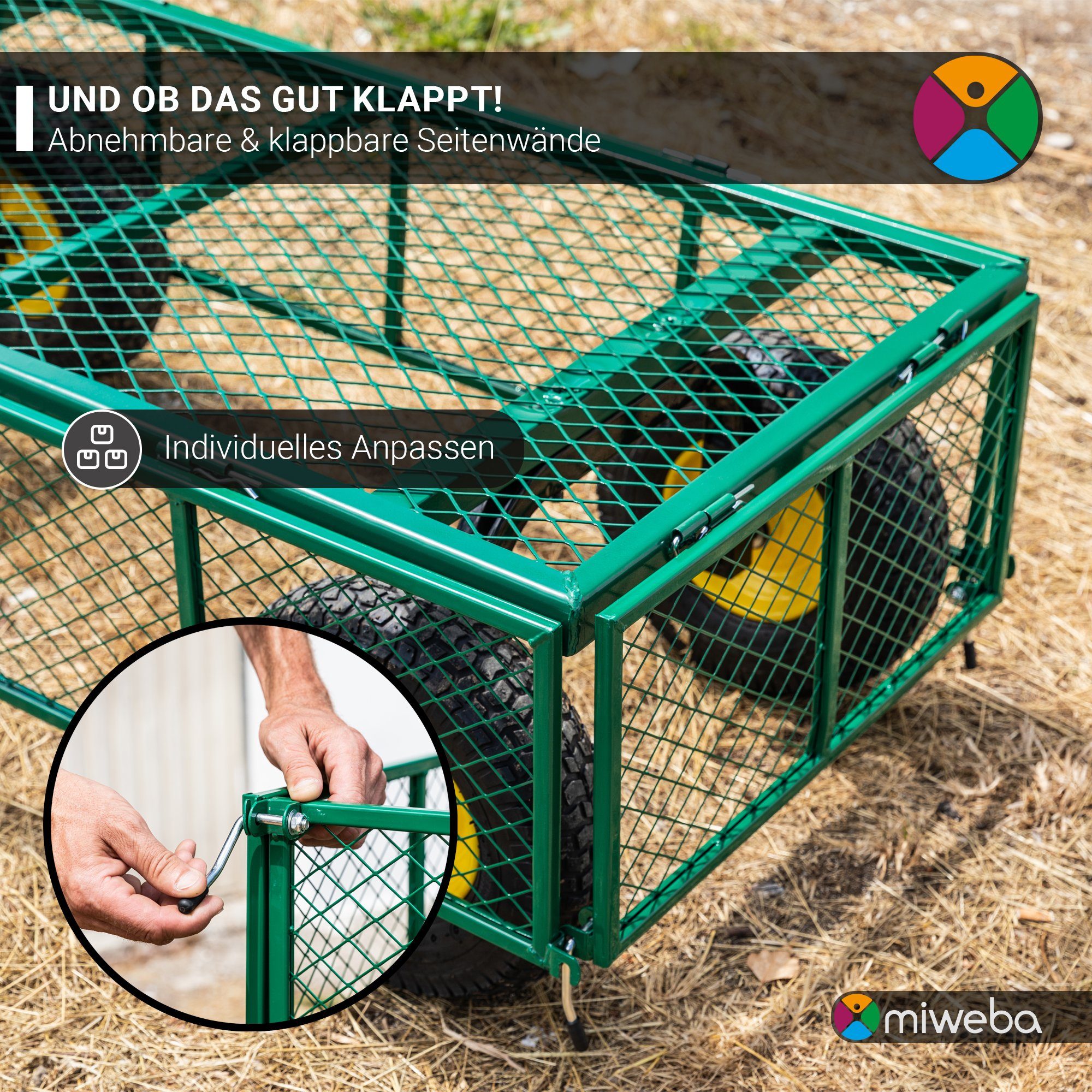 Transportkarre 700 Klappbare MB-700 - kompakter Bollerwagen Wände - Gartenwagen - - Anhängerfunktion, Faltwagen (bis - Kippfunktion Gerätewagen Handkarren Liter herausnehmbar), 2-tlg., Kg/220 Handwagen miweba grau Plane -