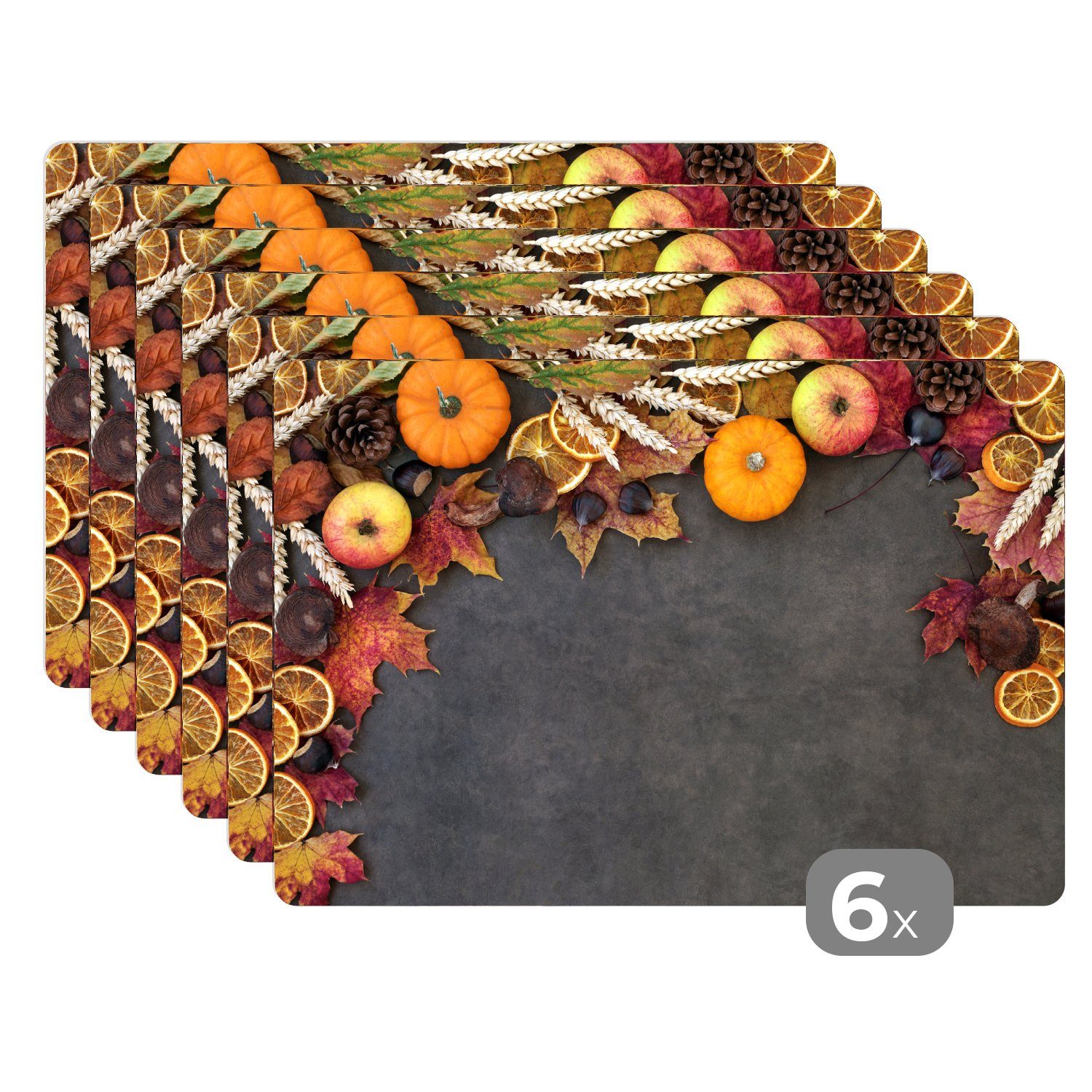 Platzset, Obst - Herbstblätter - Kürbis - Stillleben - Herbst, MuchoWow, (6-St), Platzset, Platzdecken, Platzmatte, Tischmatten, Schmutzabweisend | Tischsets