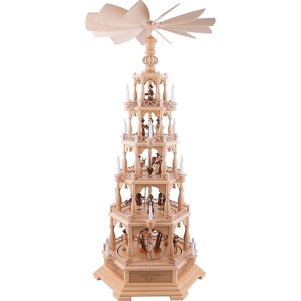 Müller Kleinkunst GmbH Seiffen Weihnachtspyramide 5-stöckige Pyramide Heilige Geschichte - 142cm - 230 V Elektromotor vo